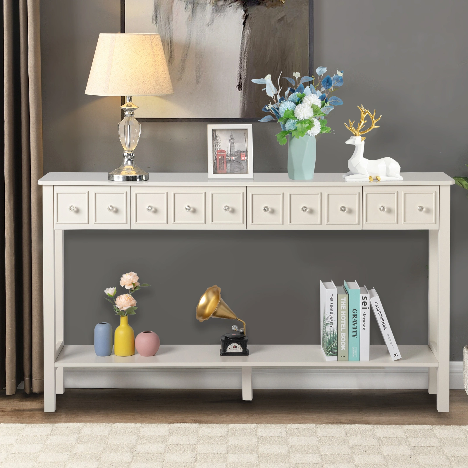 White Narrow Console Table with Multi-Size Drawers & Bottom Shelf, Entryway Hallway Storage Sofa Table view 17