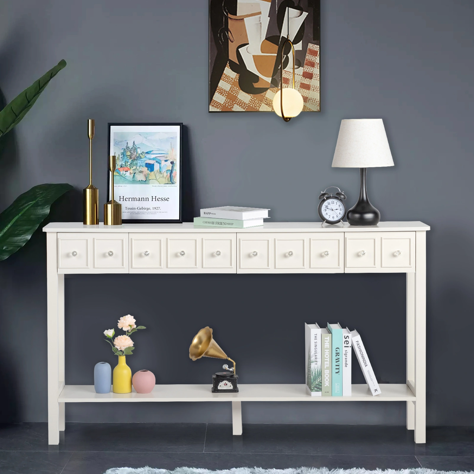 White Narrow Console Table with Multi-Size Drawers & Bottom Shelf, Entryway Hallway Storage Sofa Table view 18