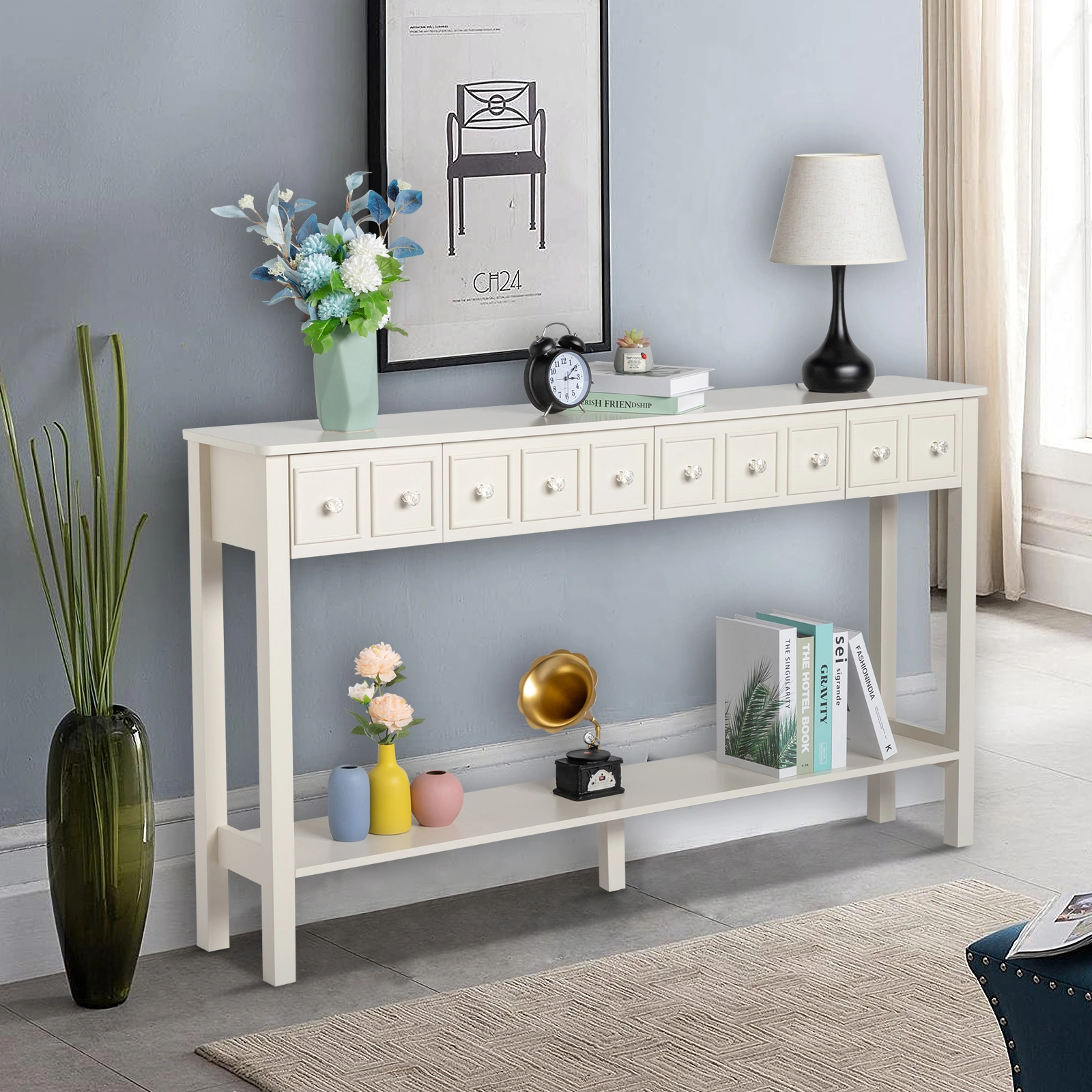 White Narrow Console Table with Multi-Size Drawers & Bottom Shelf, Entryway Hallway Storage Sofa Table view 19
