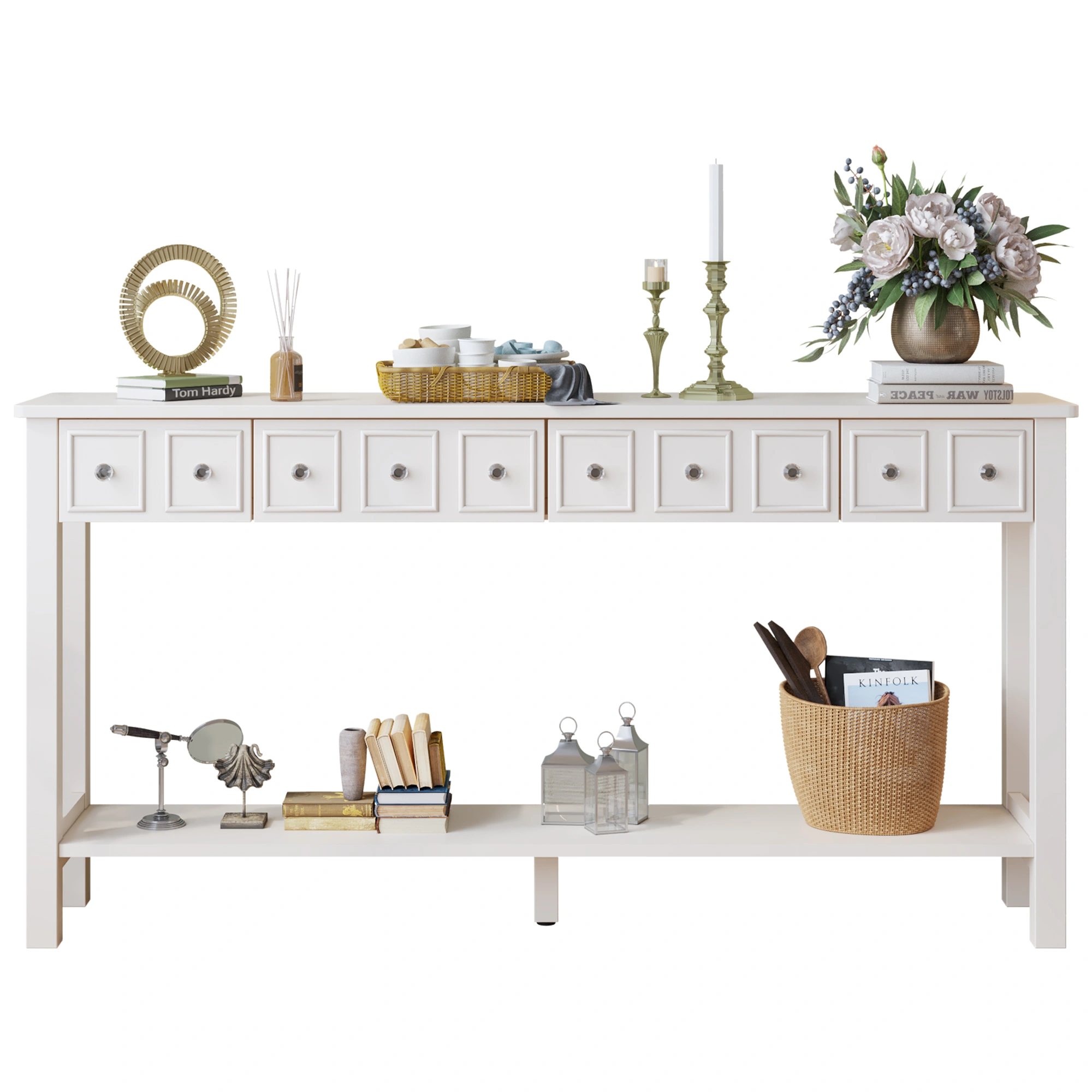White Narrow Console Table with Multi-Size Drawers & Bottom Shelf, Entryway Hallway Storage Sofa Table view 2