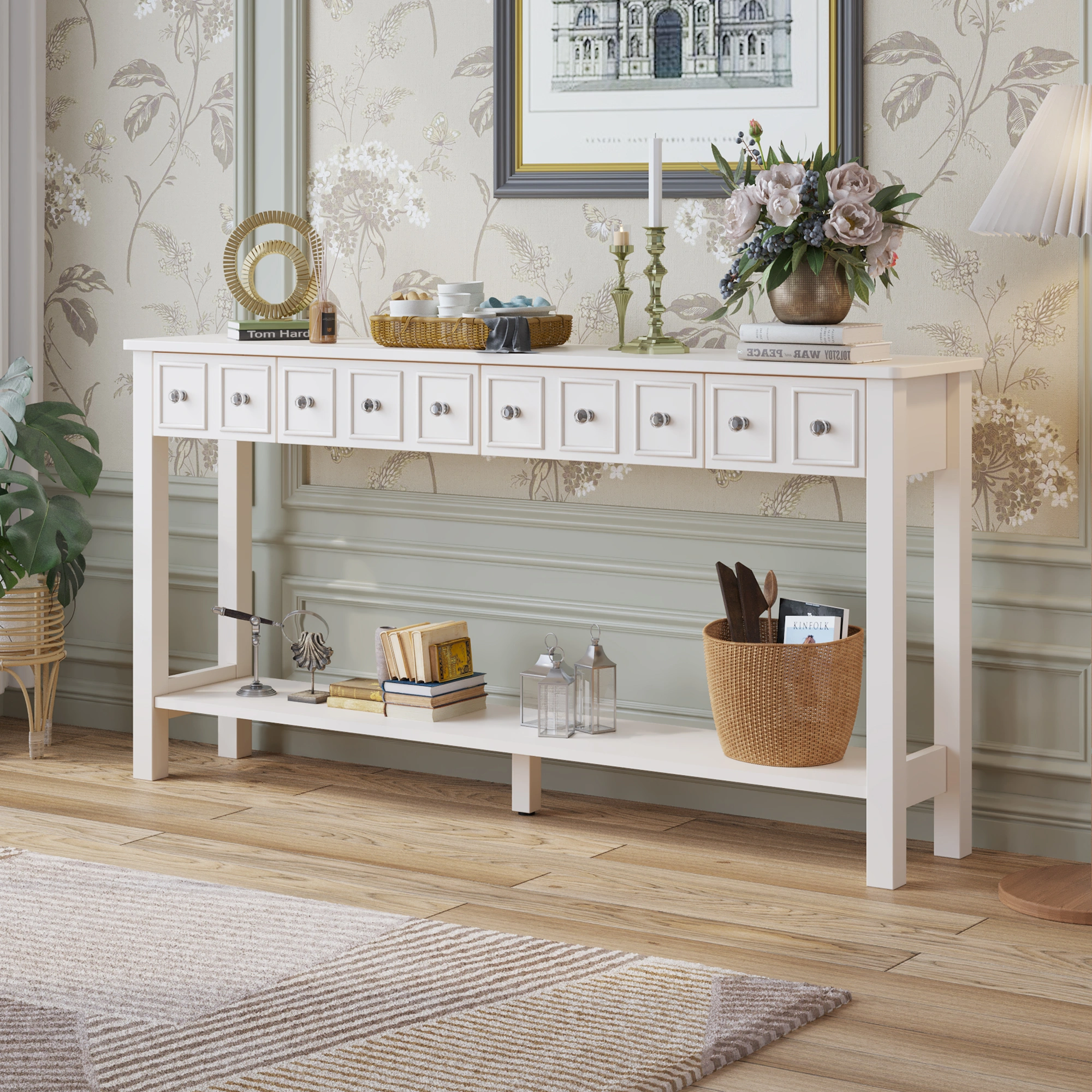 White Narrow Console Table with Multi-Size Drawers & Bottom Shelf, Entryway Hallway Storage Sofa Table view 20
