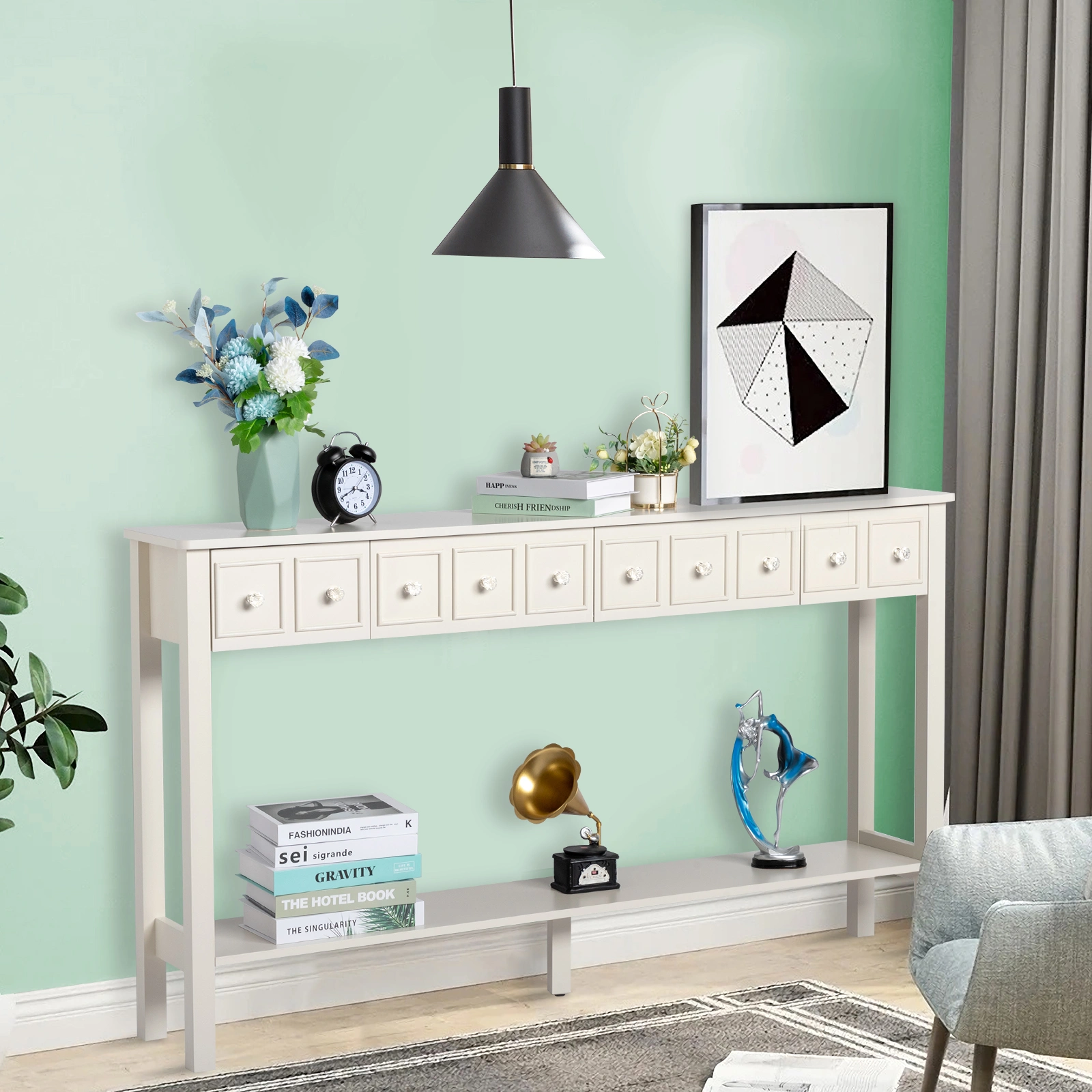 White Narrow Console Table with Multi-Size Drawers & Bottom Shelf, Entryway Hallway Storage Sofa Table view 21