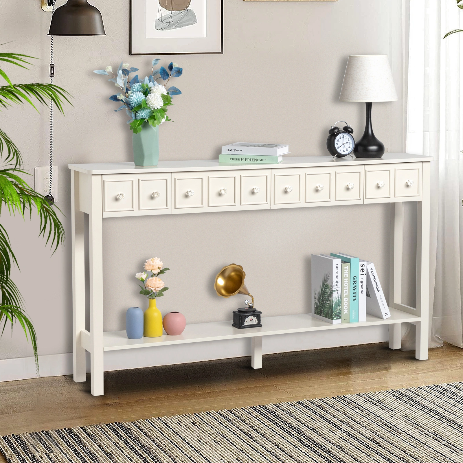 White Narrow Console Table with Multi-Size Drawers & Bottom Shelf, Entryway Hallway Storage Sofa Table view 22