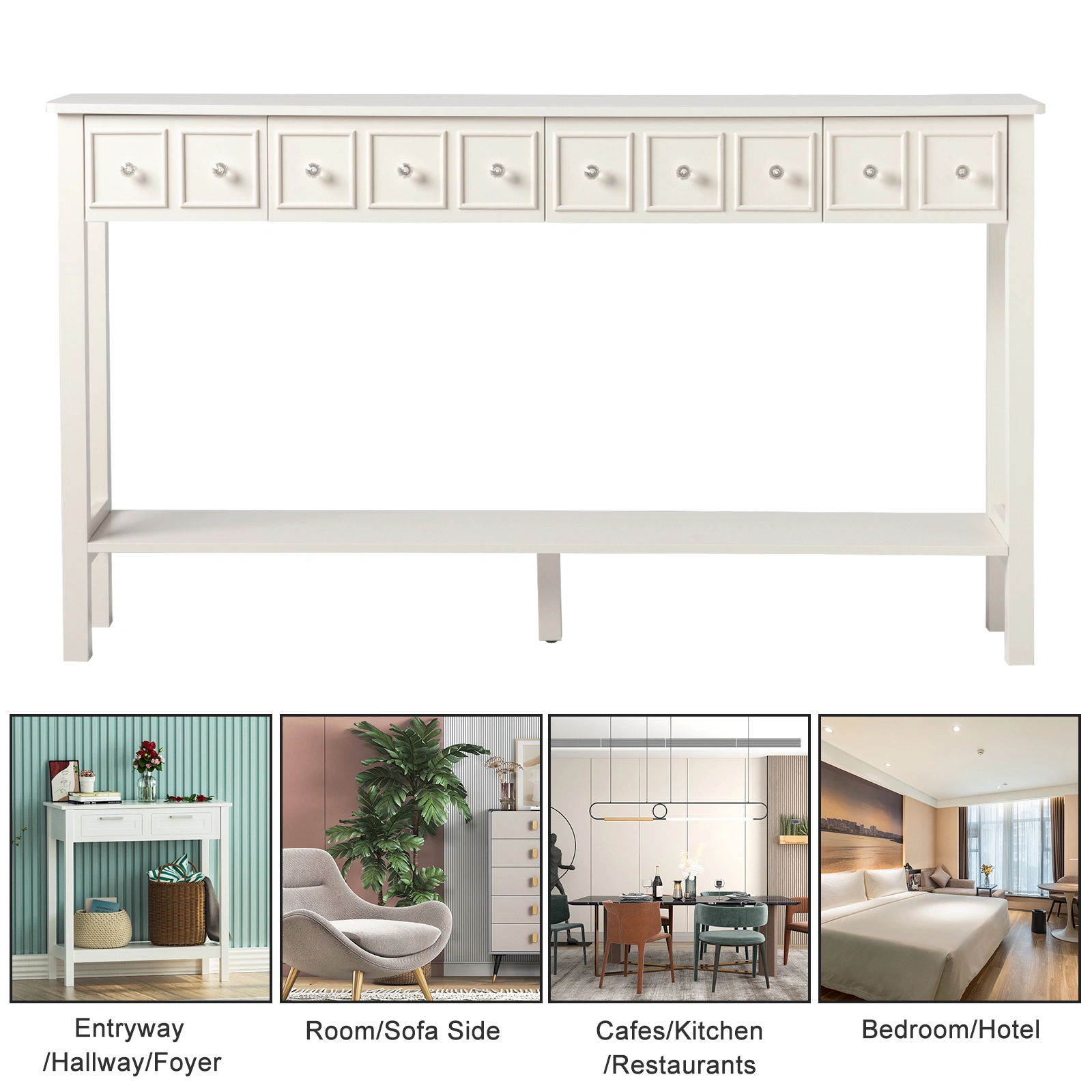 White Narrow Console Table with Multi-Size Drawers & Bottom Shelf, Entryway Hallway Storage Sofa Table view 4