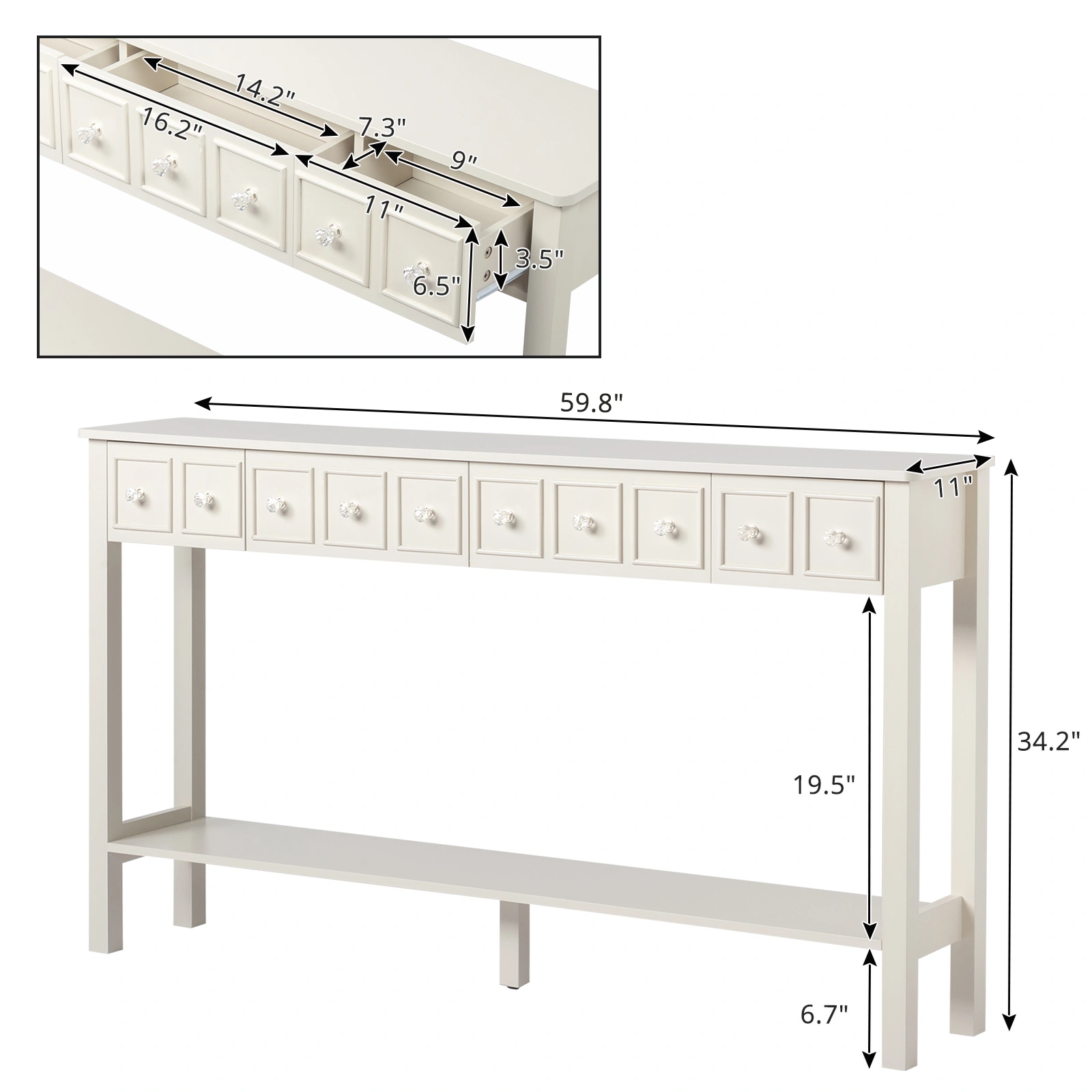 White Narrow Console Table with Multi-Size Drawers & Bottom Shelf, Entryway Hallway Storage Sofa Table view 5