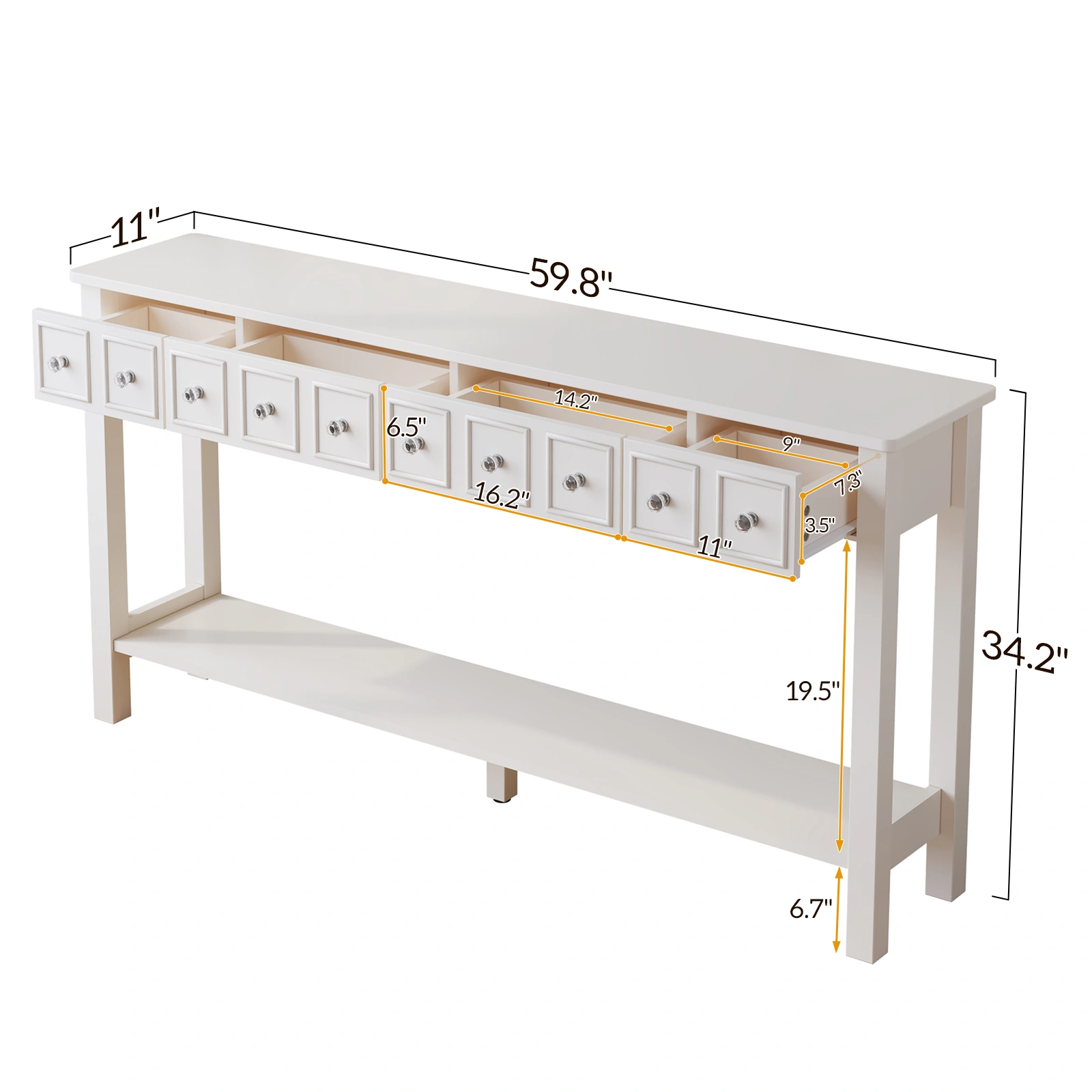 White Narrow Console Table with Multi-Size Drawers & Bottom Shelf, Entryway Hallway Storage Sofa Table view 6