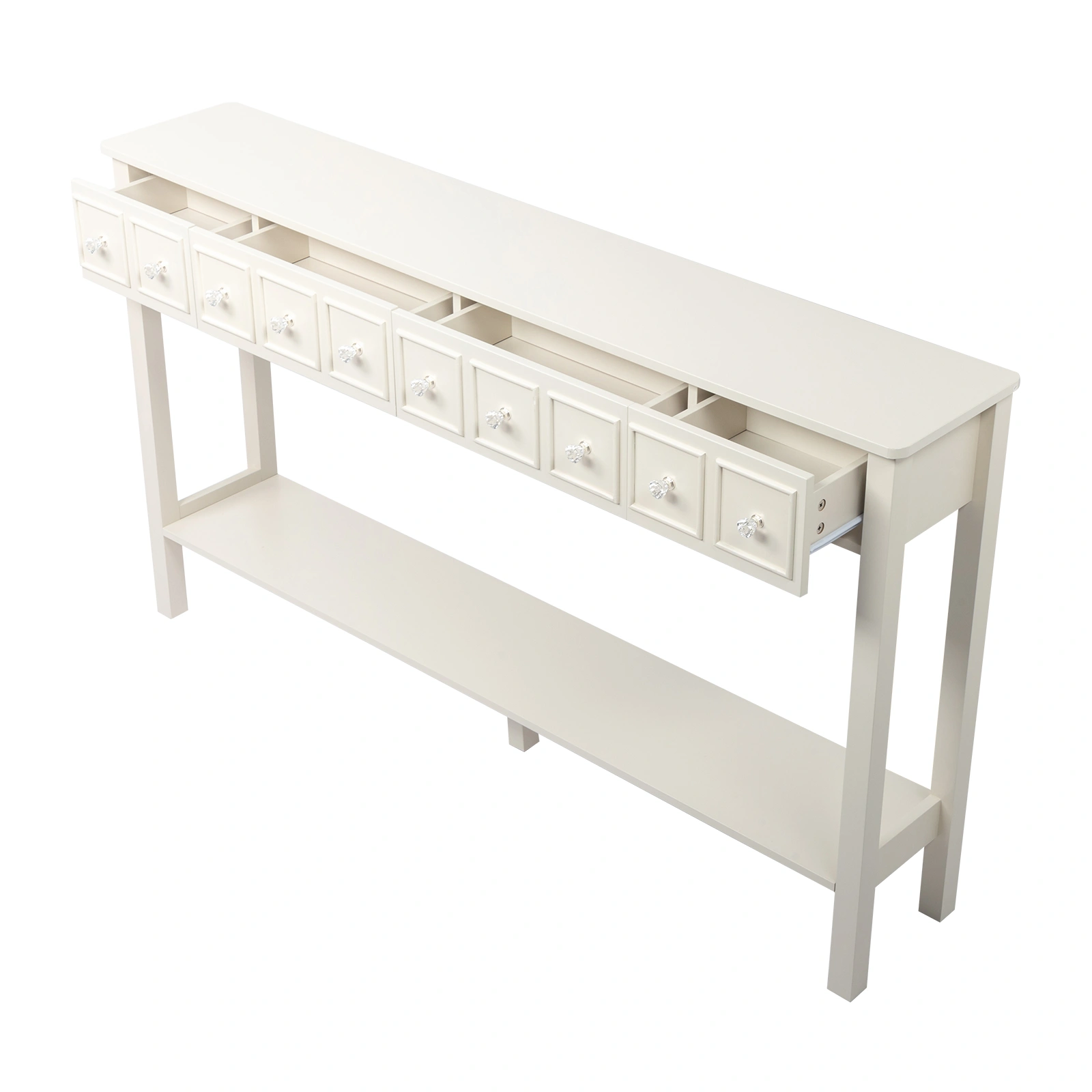 White Narrow Console Table with Multi-Size Drawers & Bottom Shelf, Entryway Hallway Storage Sofa Table view 7