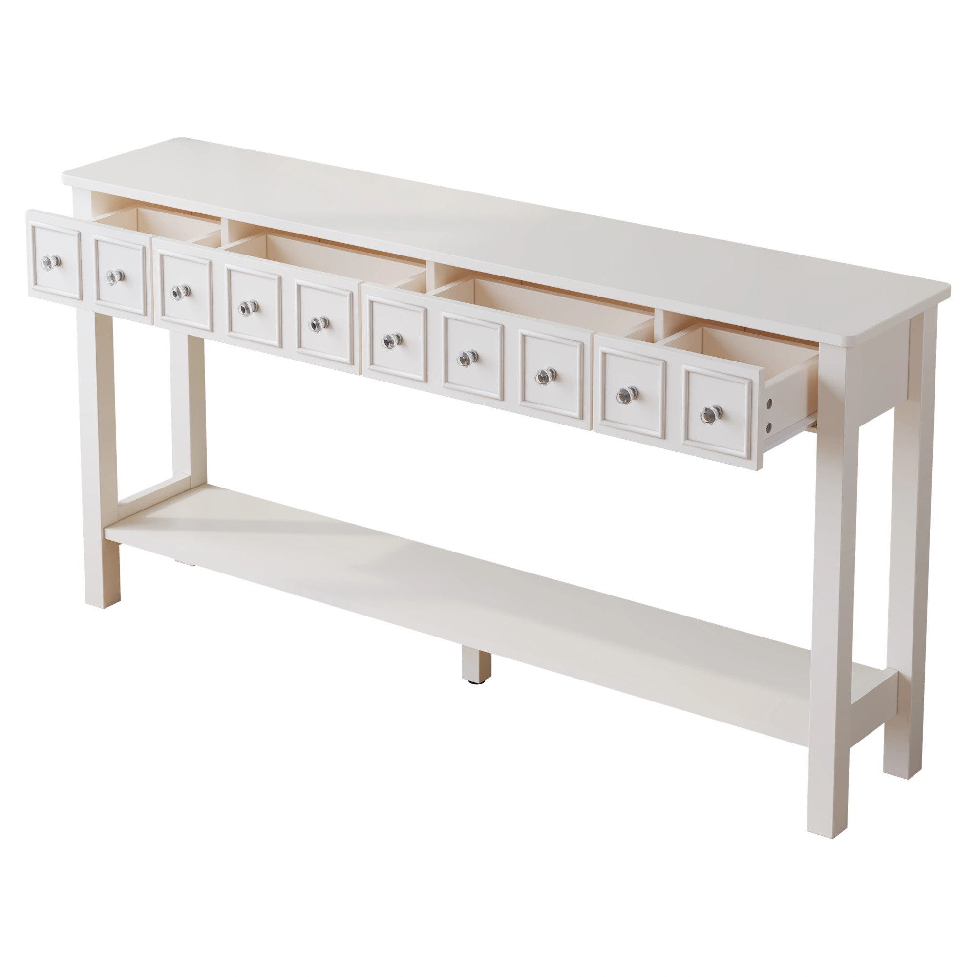 White Narrow Console Table with Multi-Size Drawers & Bottom Shelf, Entryway Hallway Storage Sofa Table view 8