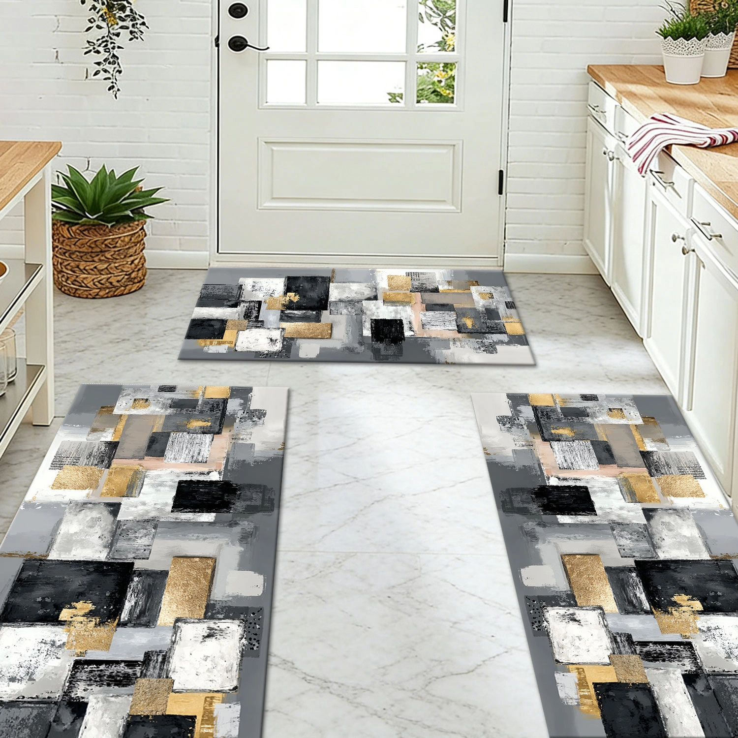 Three-piece kitchen rug set, non-slip and washable, abstract pattern kitchen hallway rug, soft and comfortable, suitable for sinks, floors, entrances, hallways and bathrooms. view 9