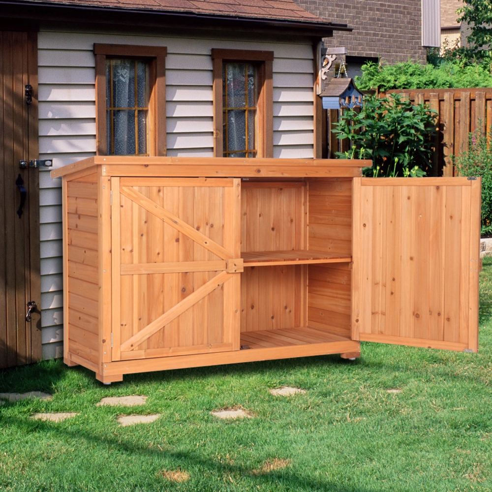 Outdoor Storage Cabinet with Double Doors Fir Wood Garden Yard Shed Locker - Orange Red view 23