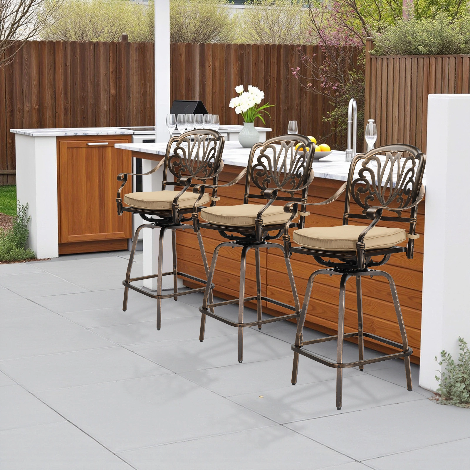Outdoor Swivel Bar Stools Set of 2, Cast Aluminum Patio Bar Height Chairs, All-Weather Bar Dining Chairs Outdoor Swivel Chairs Furniture (Elizabethan Back) view 10