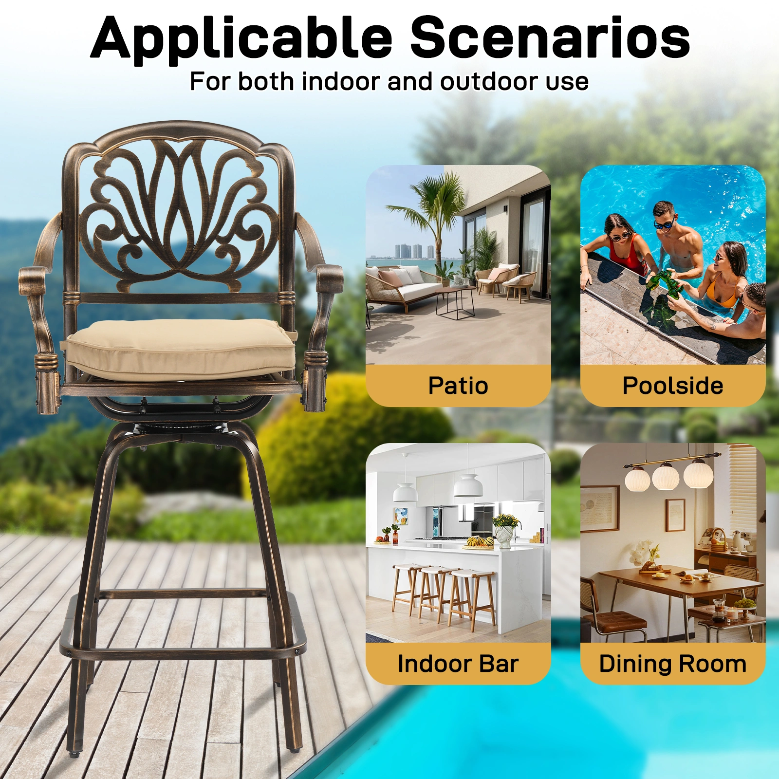 Outdoor Swivel Bar Stools Set of 2, Cast Aluminum Patio Bar Height Chairs, All-Weather Bar Dining Chairs Outdoor Swivel Chairs Furniture (Elizabethan Back) view 15