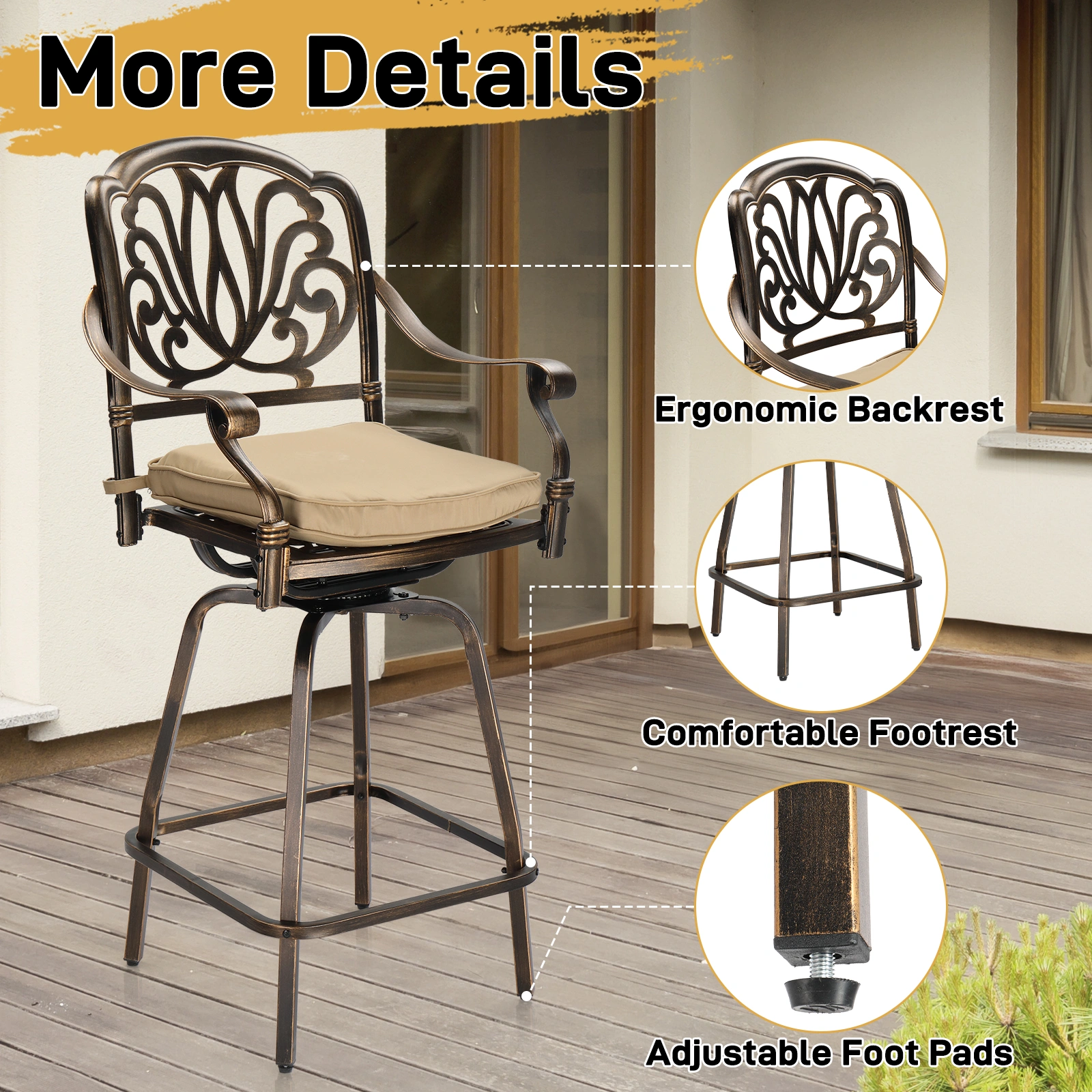 Outdoor Swivel Bar Stools Set of 2, Cast Aluminum Patio Bar Height Chairs, All-Weather Bar Dining Chairs Outdoor Swivel Chairs Furniture (Elizabethan Back) view 5