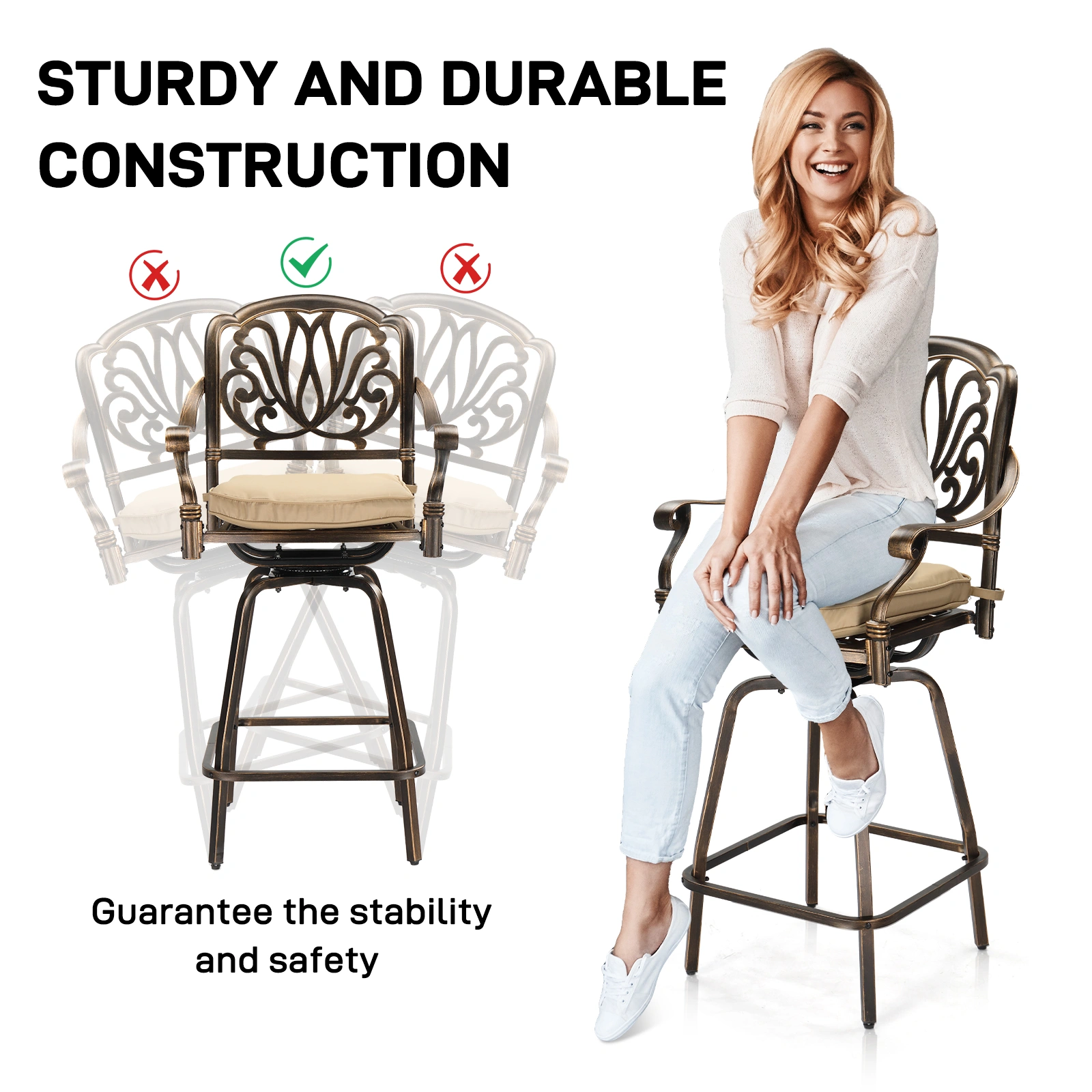 Outdoor Swivel Bar Stools Set of 2, Cast Aluminum Patio Bar Height Chairs, All-Weather Bar Dining Chairs Outdoor Swivel Chairs Furniture (Elizabethan Back) view 6