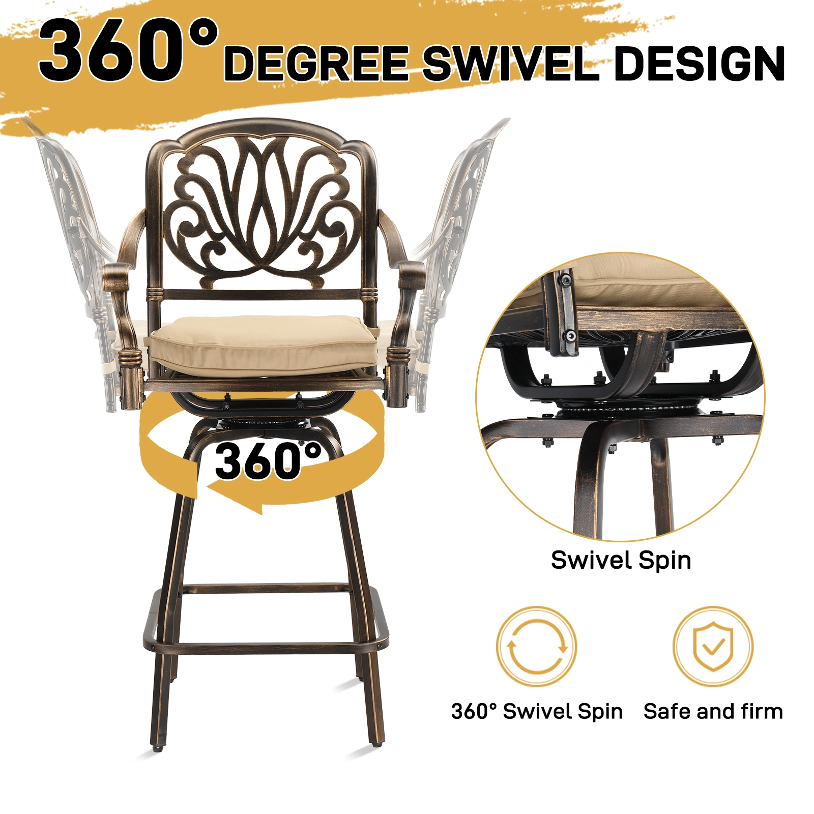 Outdoor Swivel Bar Stools Set of 2, Cast Aluminum Patio Bar Height Chairs, All-Weather Bar Dining Chairs Outdoor Swivel Chairs Furniture (Elizabethan Back) view 9