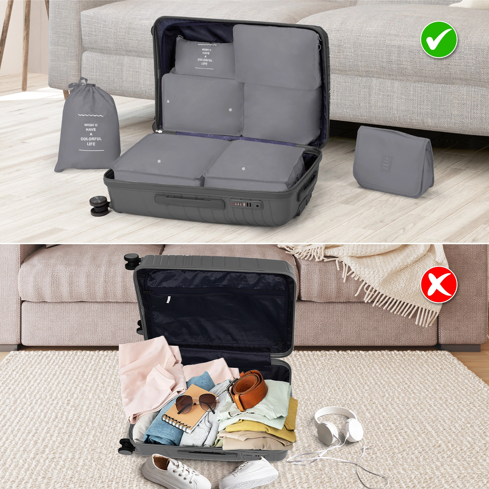 4 Piece Luggage Set 18 20 24 28 Inch Hardshell Suitcase PP with Spinner Wheels Iron Telescopic Handle 2 Handbags 30L Tote 3L Wash Bag Dark Gray view 3