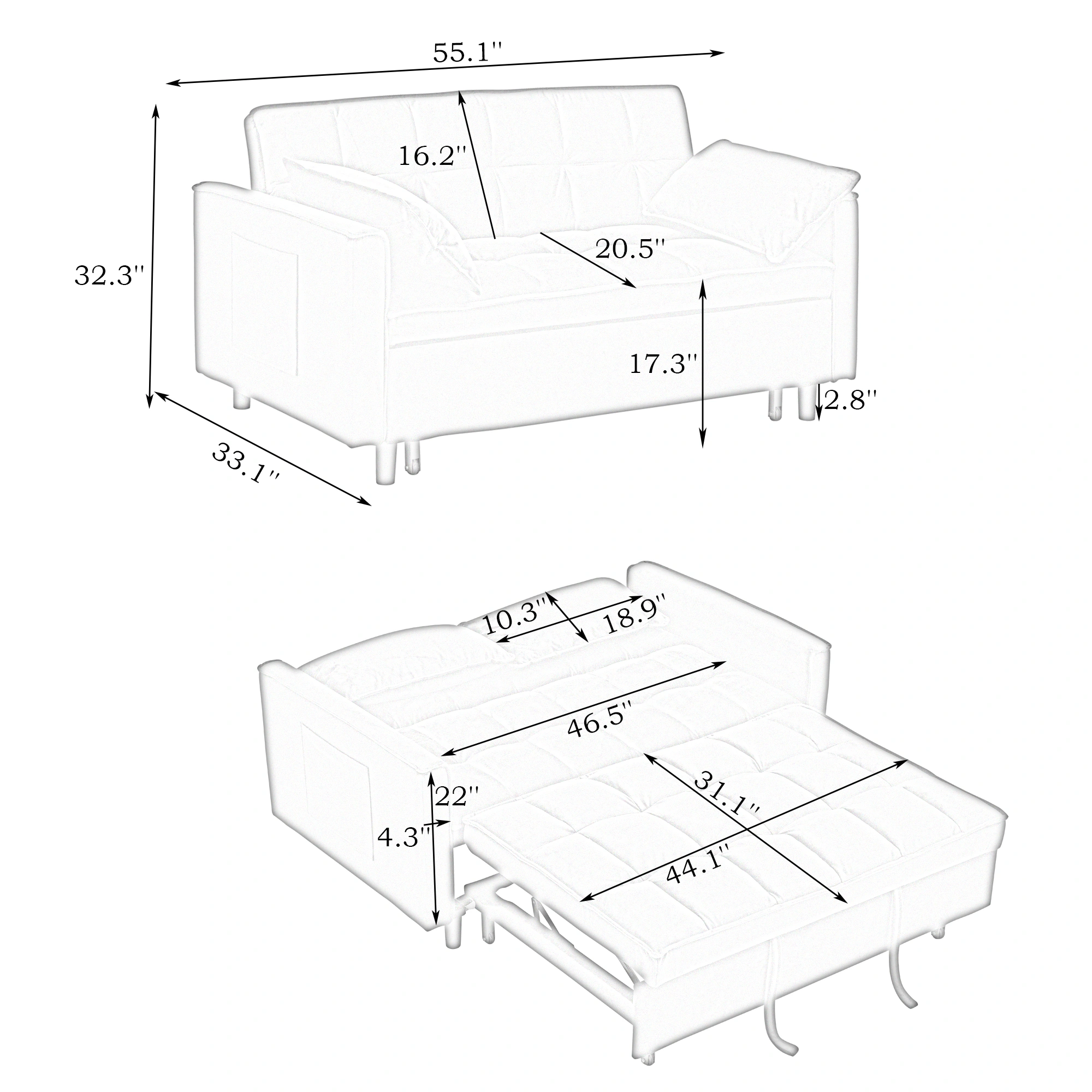 Modern Velvet Sofa Bed 3 in 1 Convertible Loveseat with Pillow, Pockets, Pull Out Futon, Small Sleeping Couch for Living Room view 12