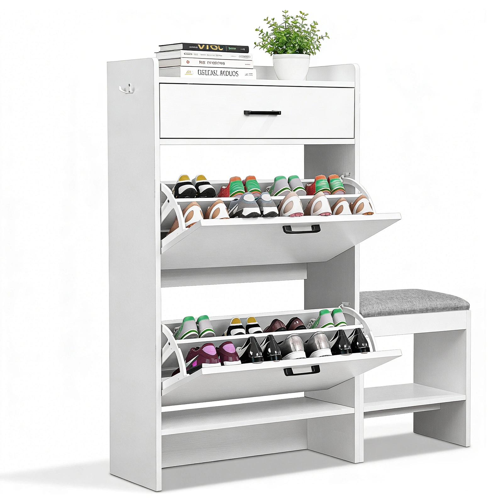 2-tier shoe cabinet with top flip-up lid and drawer, padded shoe changing bench, 1 hook, particleboard, 100*25*117cm, white view 3