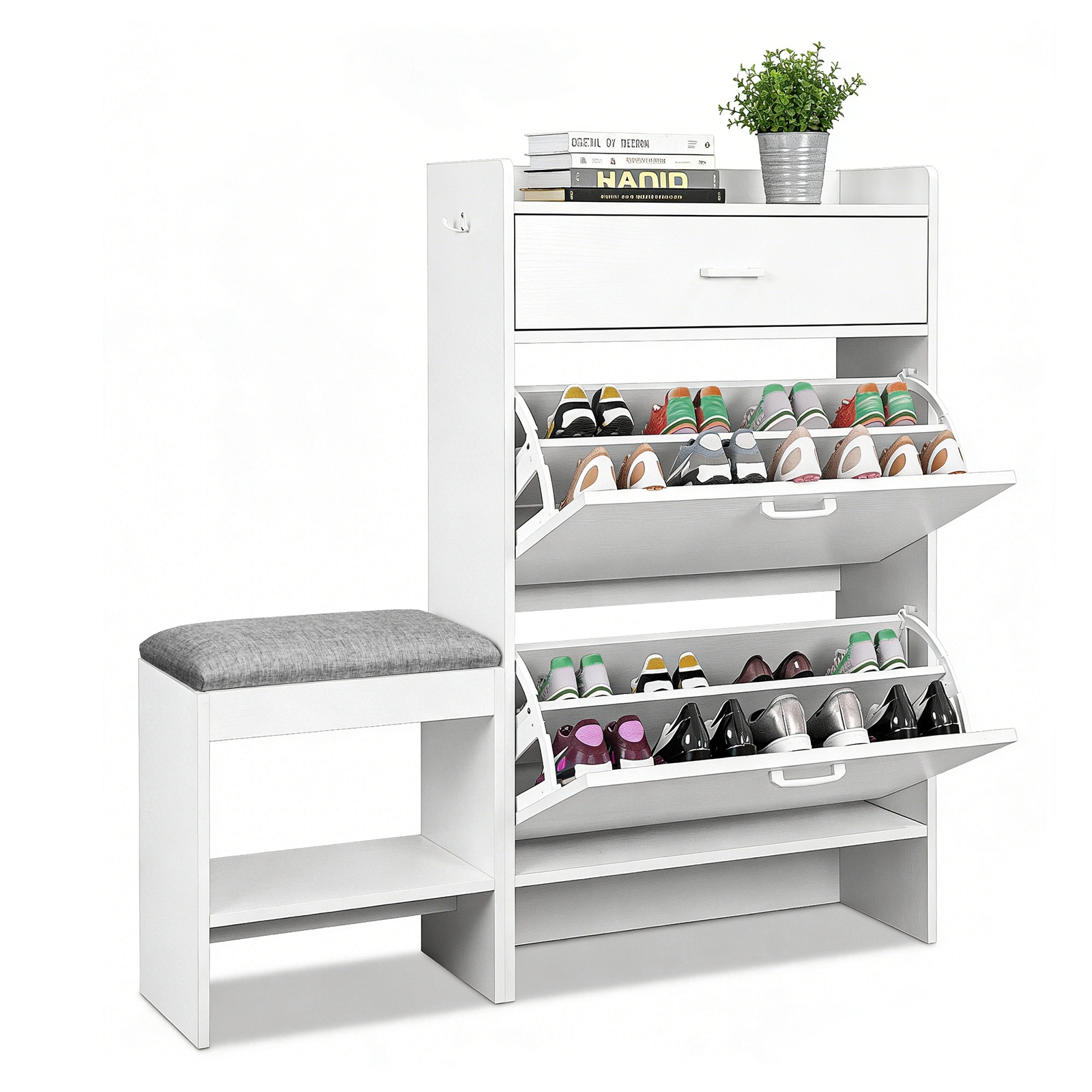 2-tier shoe cabinet with top flip-up lid and drawer, padded shoe changing bench, 1 hook, particleboard, 100*25*117cm, white view 4