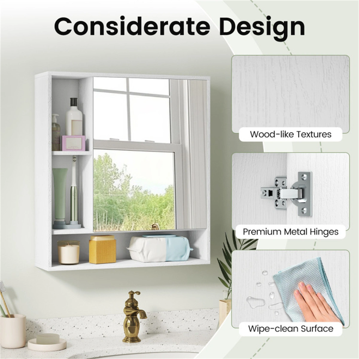 2 in 1 Mirrored Bathroom Wall Cabinet, Space-Saving Medicine Cabinet with Hidden Storage & Shelves - White view 11