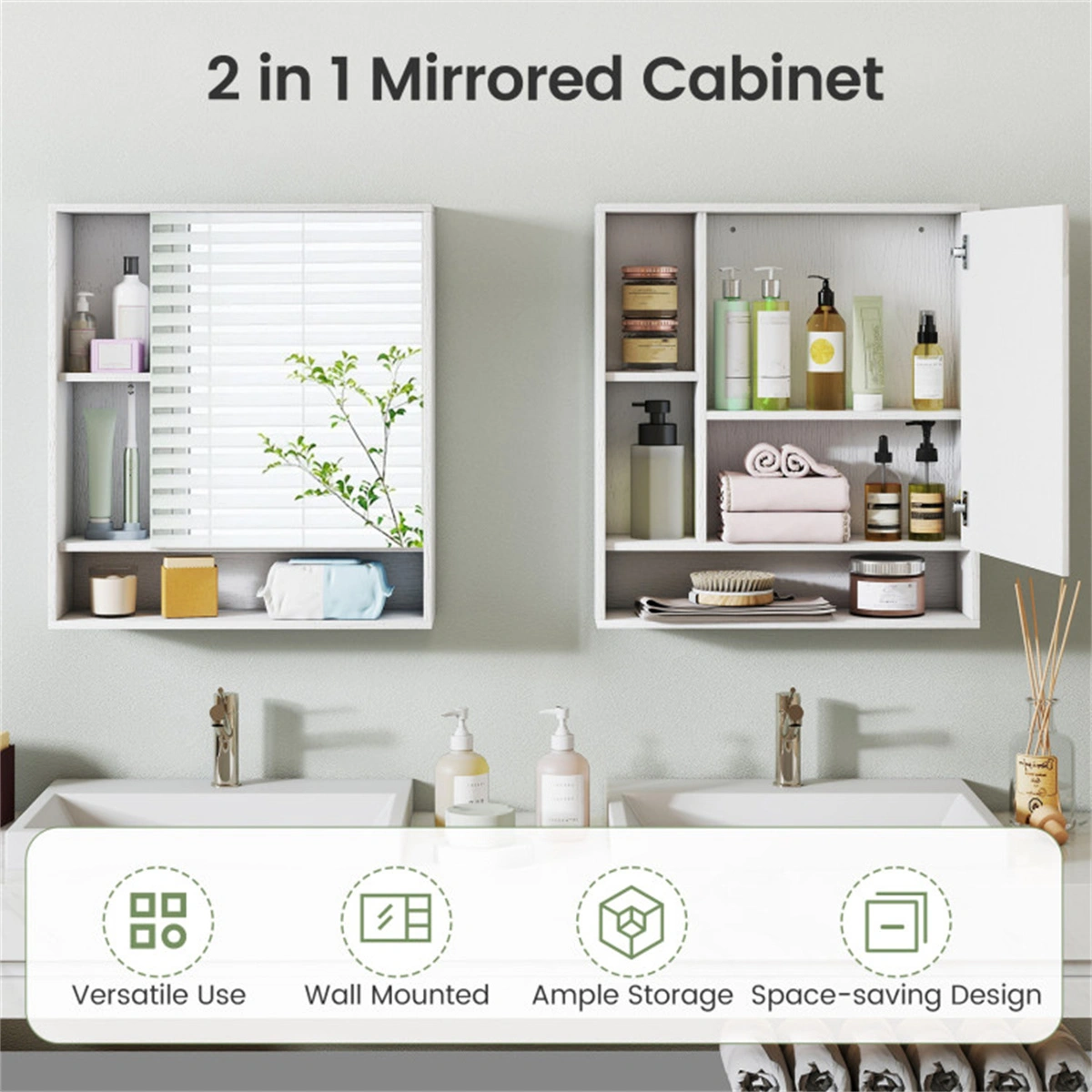2 in 1 Mirrored Bathroom Wall Cabinet, Space-Saving Medicine Cabinet with Hidden Storage & Shelves - White view 12
