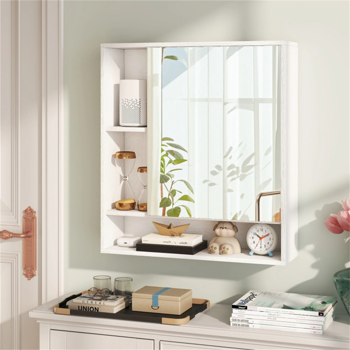 2 in 1 Mirrored Bathroom Wall Cabinet, Space-Saving Medicine Cabinet with Hidden Storage & Shelves - White view 2