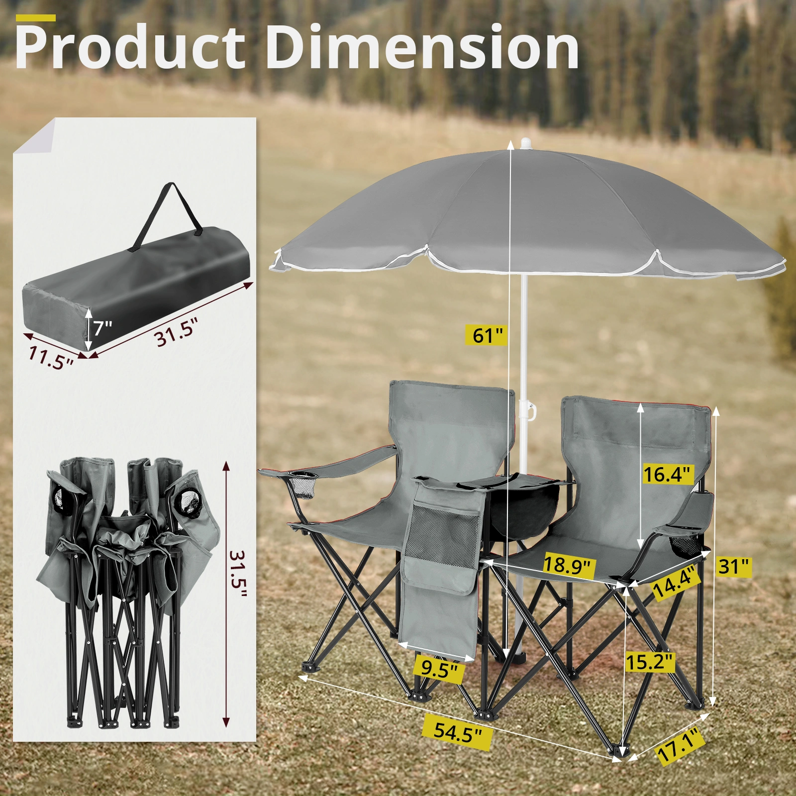 Portable Outdoor 2-Seat Folding Chair with Removable Sun Umbrella Grey view 17