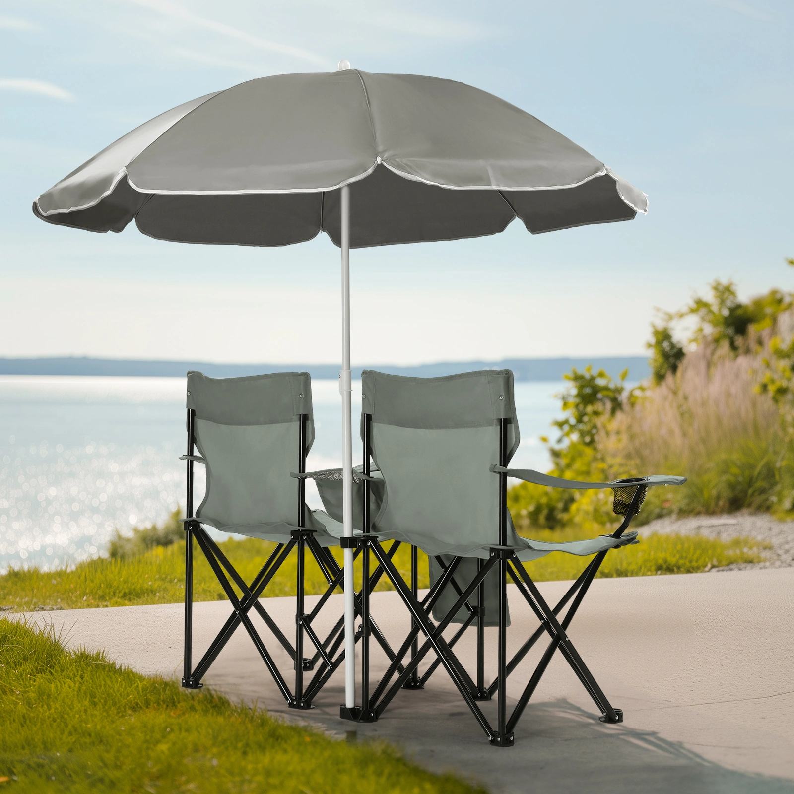 Portable Outdoor 2-Seat Folding Chair with Removable Sun Umbrella Grey view 2