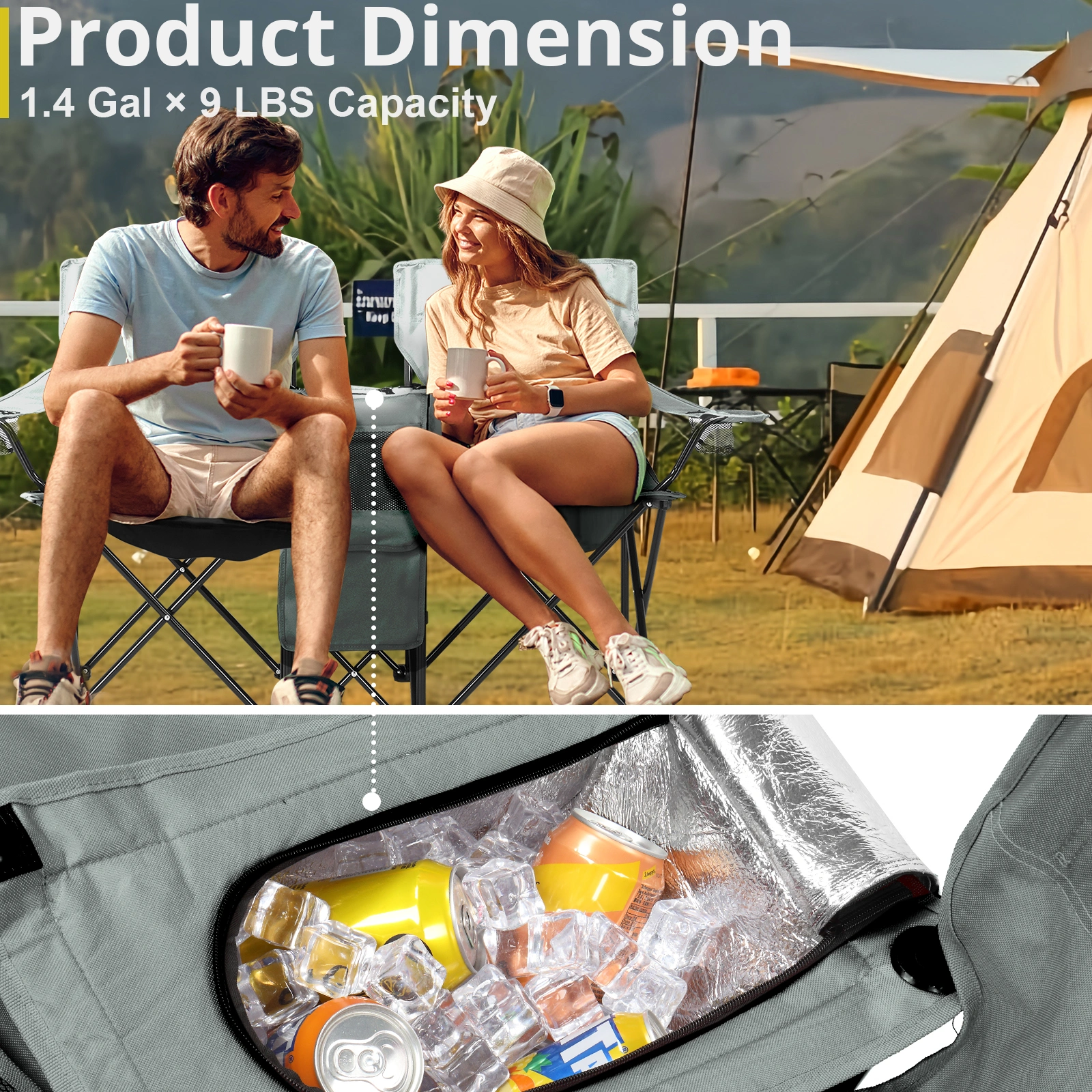 Portable Outdoor 2-Seat Folding Chair with Removable Sun Umbrella Grey view 3