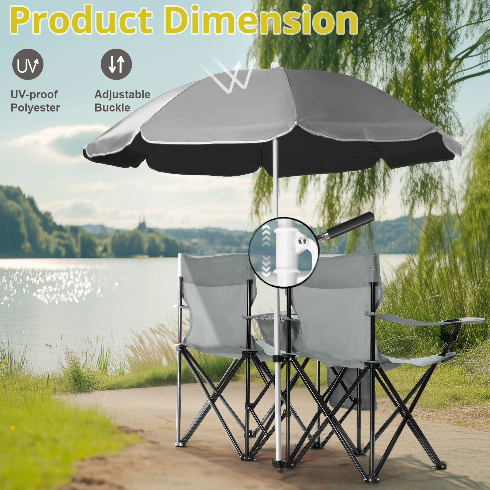 Portable Outdoor 2-Seat Folding Chair with Removable Sun Umbrella Grey view 5
