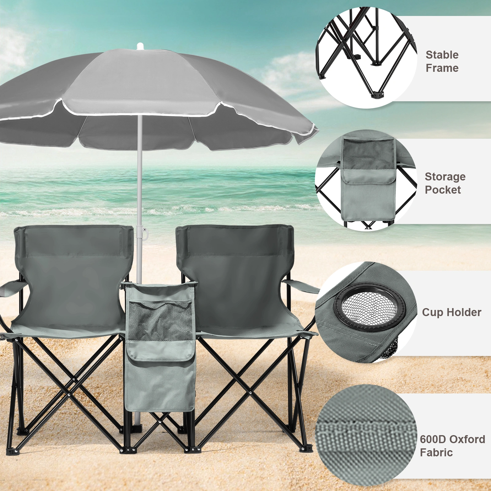 Portable Outdoor 2-Seat Folding Chair with Removable Sun Umbrella Grey view 7