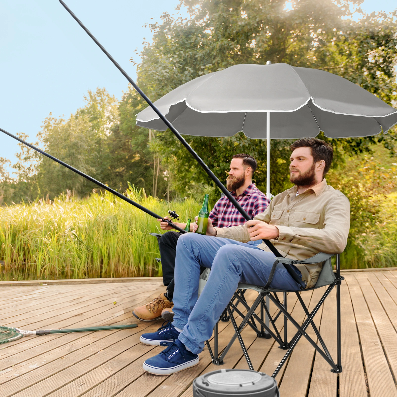 Portable Outdoor 2-Seat Folding Chair with Removable Sun Umbrella Grey view 8