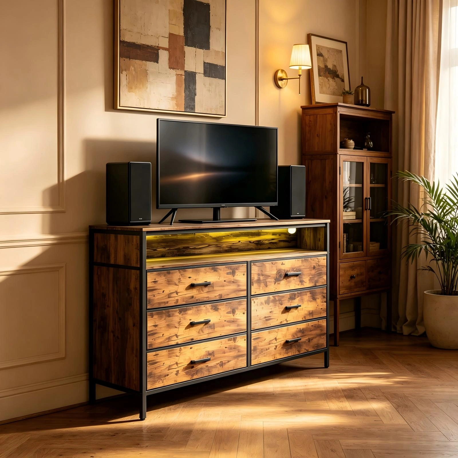 6-Drawer Dresser with LED Lights & Charging Station, Non-Woven Fabric Storage Cabinet with Shelves, P2 Particleboard, Iron Frame, 45x11.8x34.3 Inch, Rotten Wood Finish view 3