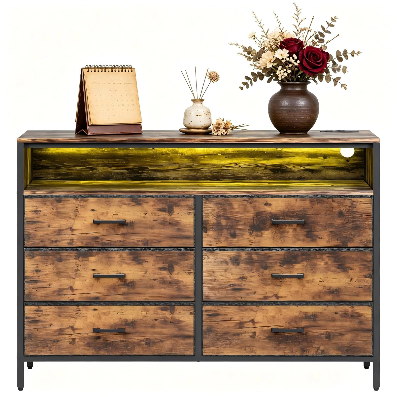 6-Drawer Dresser with LED Lights & Charging Station, Non-Woven Fabric Storage Cabinet with Shelves, P2 Particleboard, Iron Frame, 45x11.8x34.3 Inch, Rotten Wood Finish view 8