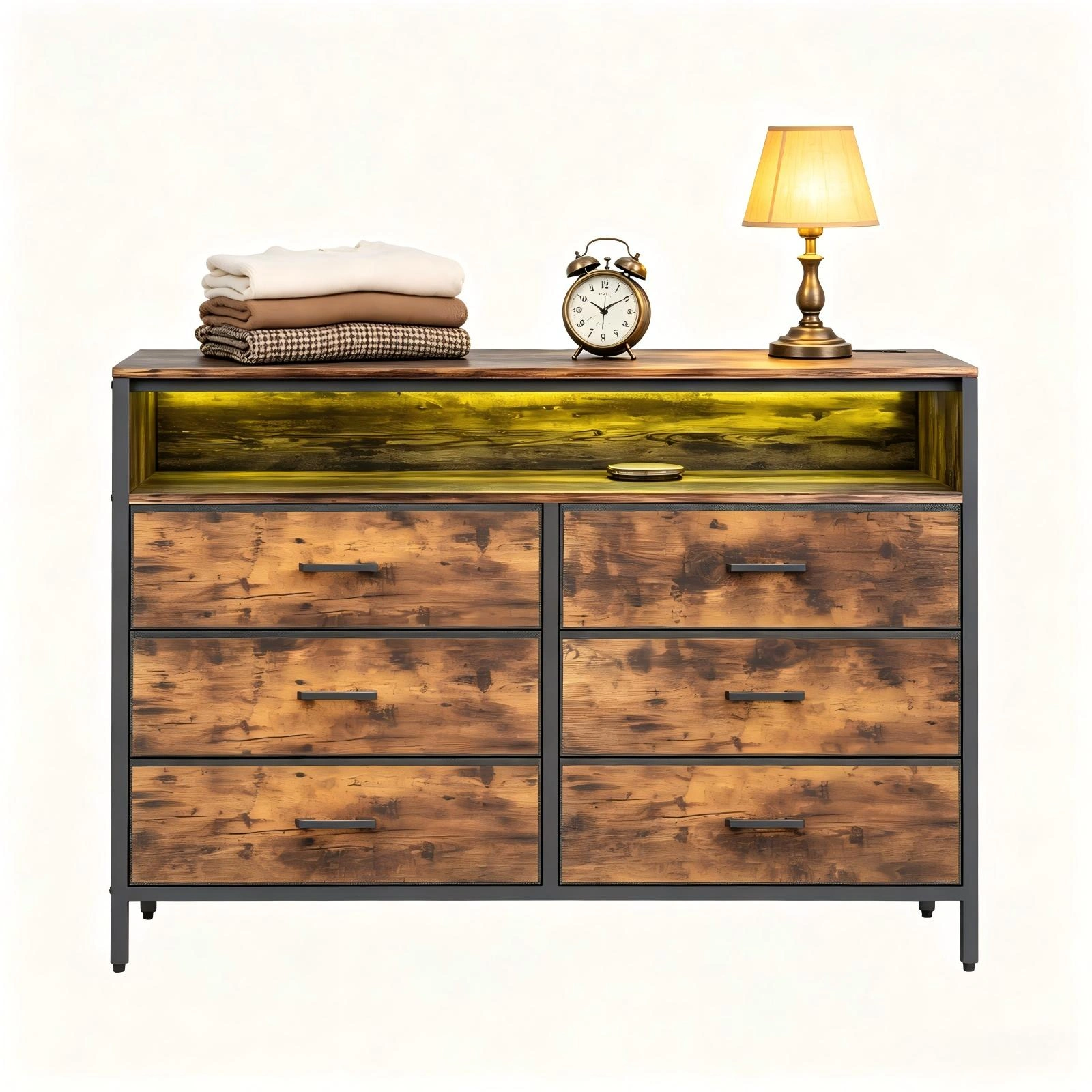 6-Drawer Dresser with LED Lights & Charging Station, Non-Woven Fabric Storage Cabinet with Shelves, P2 Particleboard, Iron Frame, 45x11.8x34.3 Inch, Rotten Wood Finish view 9