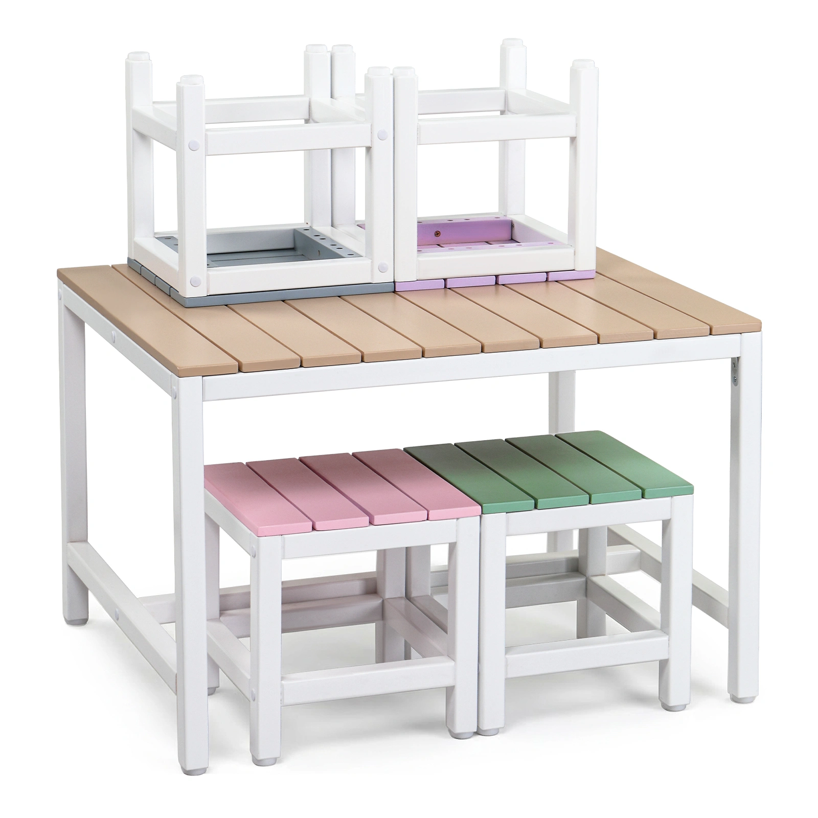 5-piece children's patio table and chair set (1 table + 4 stools), 29.5 inches, khaki, pink, purple, blue, and green color blocking, made of poplar wood view 4