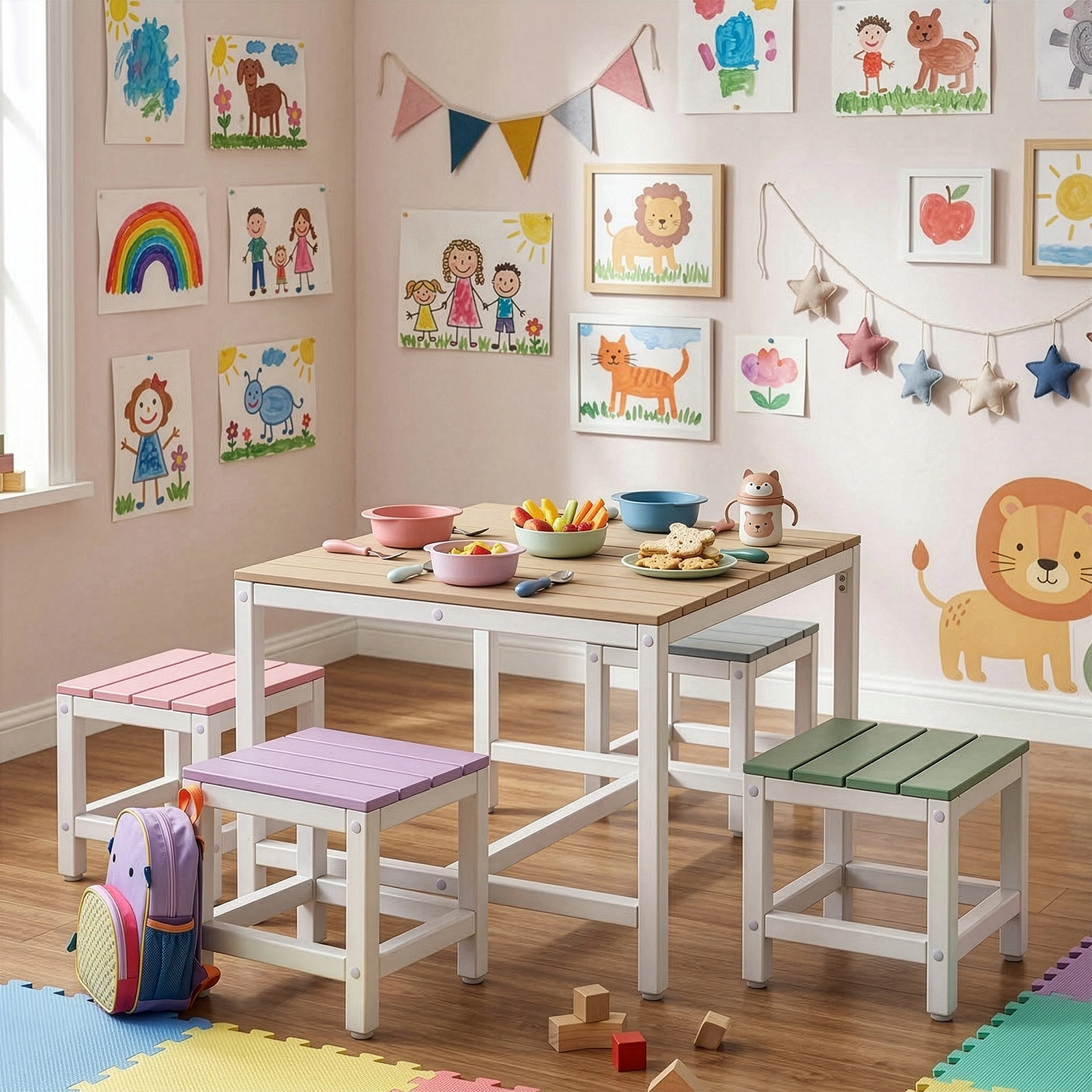 5-piece children's patio table and chair set (1 table + 4 stools), 29.5 inches, khaki, pink, purple, blue, and green color blocking, made of poplar wood view 7