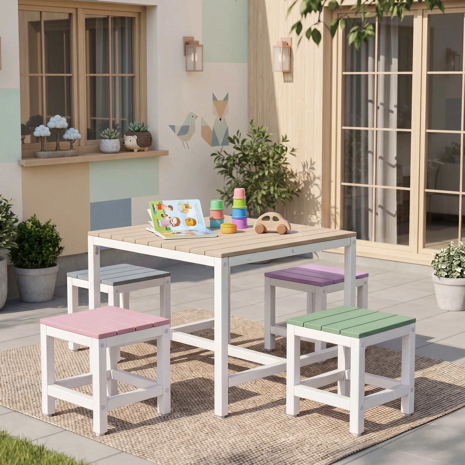 5-piece children's patio table and chair set (1 table + 4 stools), 29.5 inches, khaki, pink, purple, blue, and green color blocking, made of poplar wood view 8