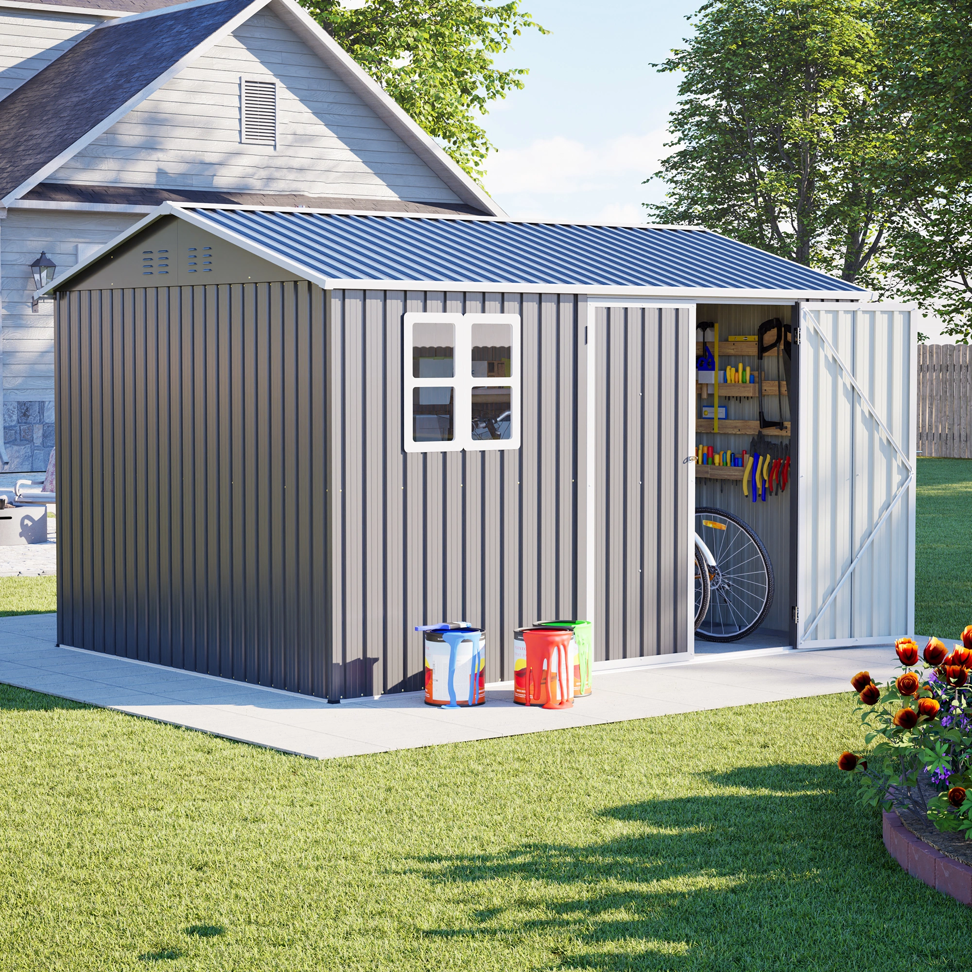 10x8 FT Metal Storage Shed, Outdoor Garden Tool Shed with Window & Lock, Waterproof UV Protection, 4 Air Vents, Gloves & Ground Nails Included, Reinforced Grid Frame, Heavy Duty Patio Shed
