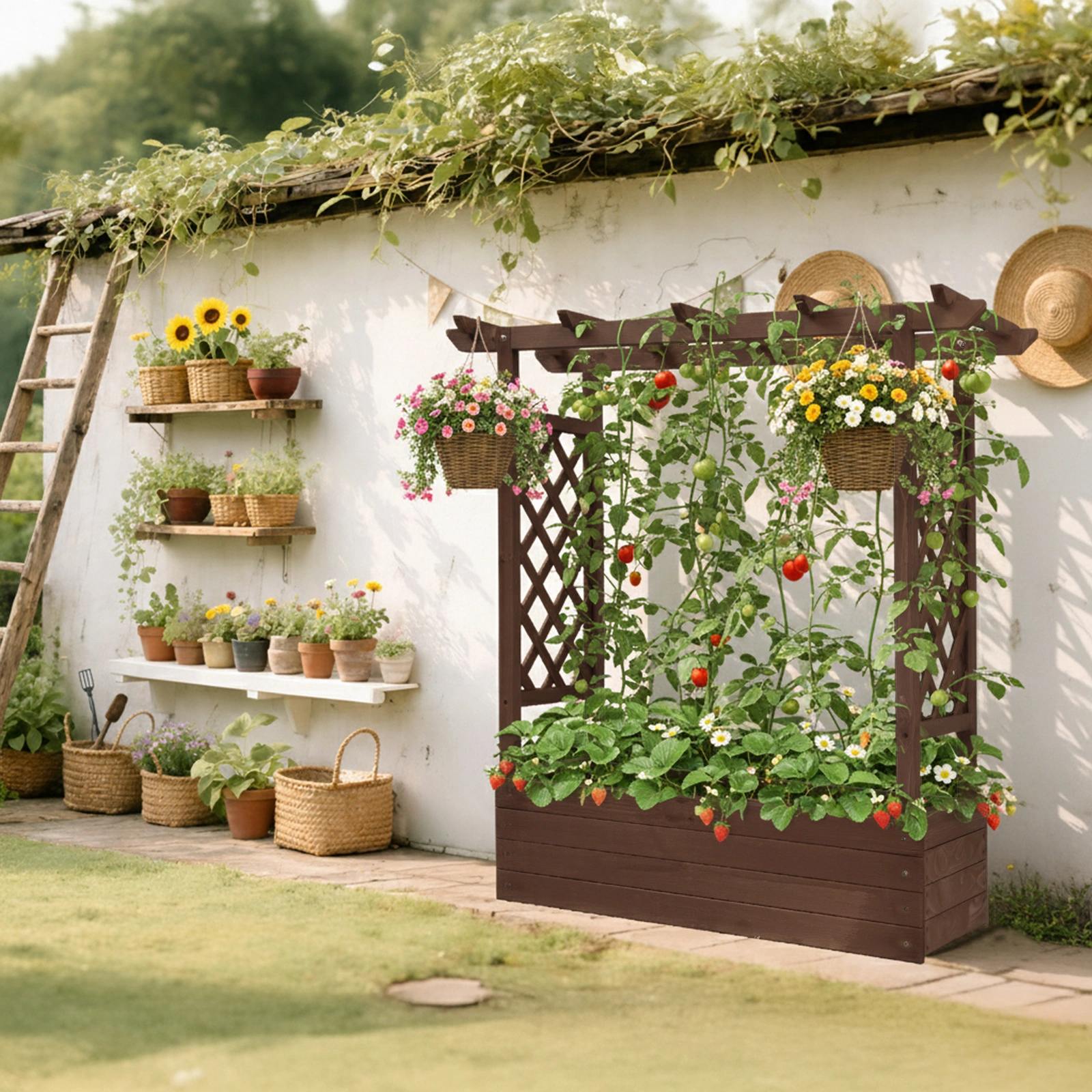 43.5*17.5*44.5 In Fir With Arched Lattice Raised Garden Bed Wooden Planting Frame Carbonized view 13
