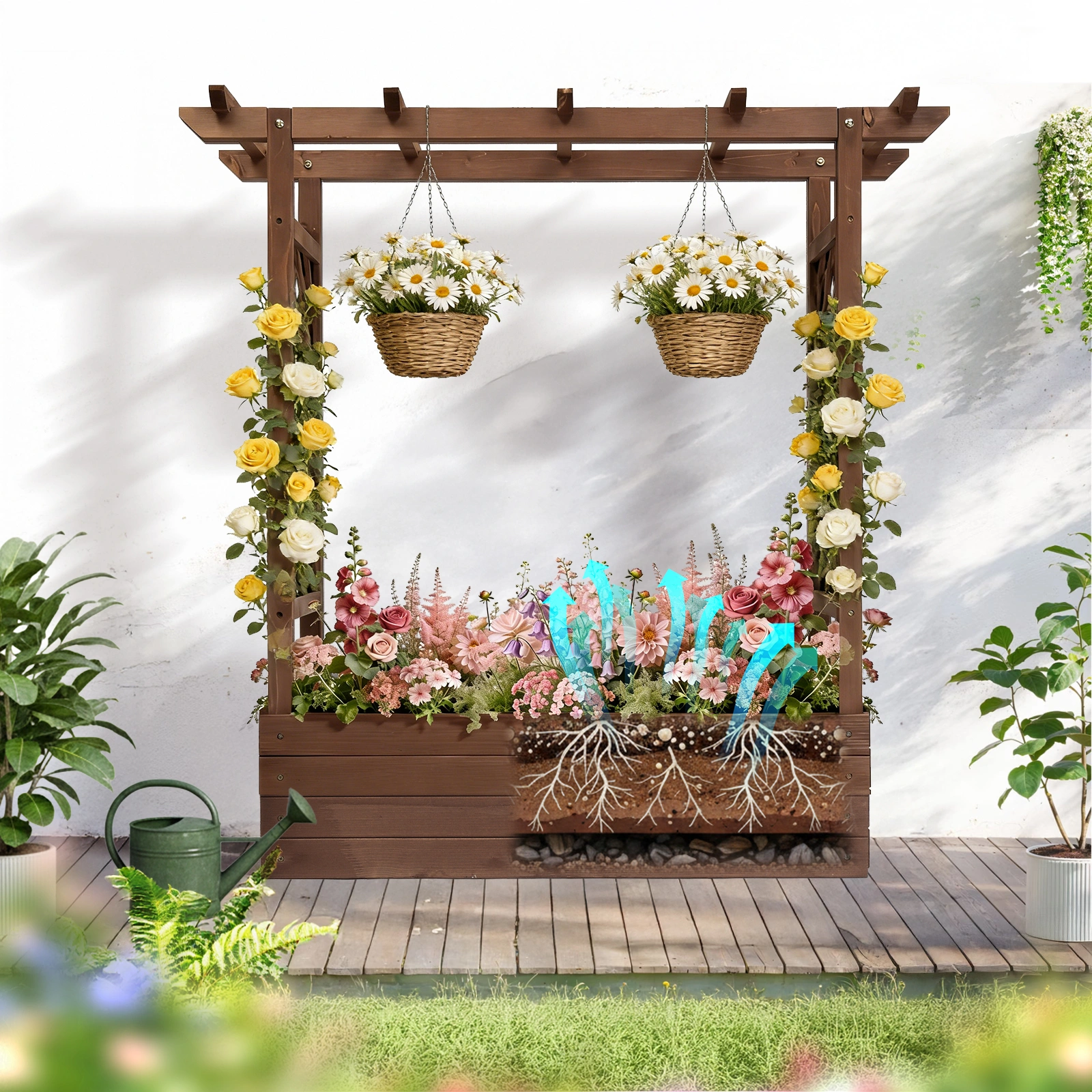 43.5*17.5*44.5 In Fir With Arched Lattice Raised Garden Bed Wooden Planting Frame Carbonized view 18