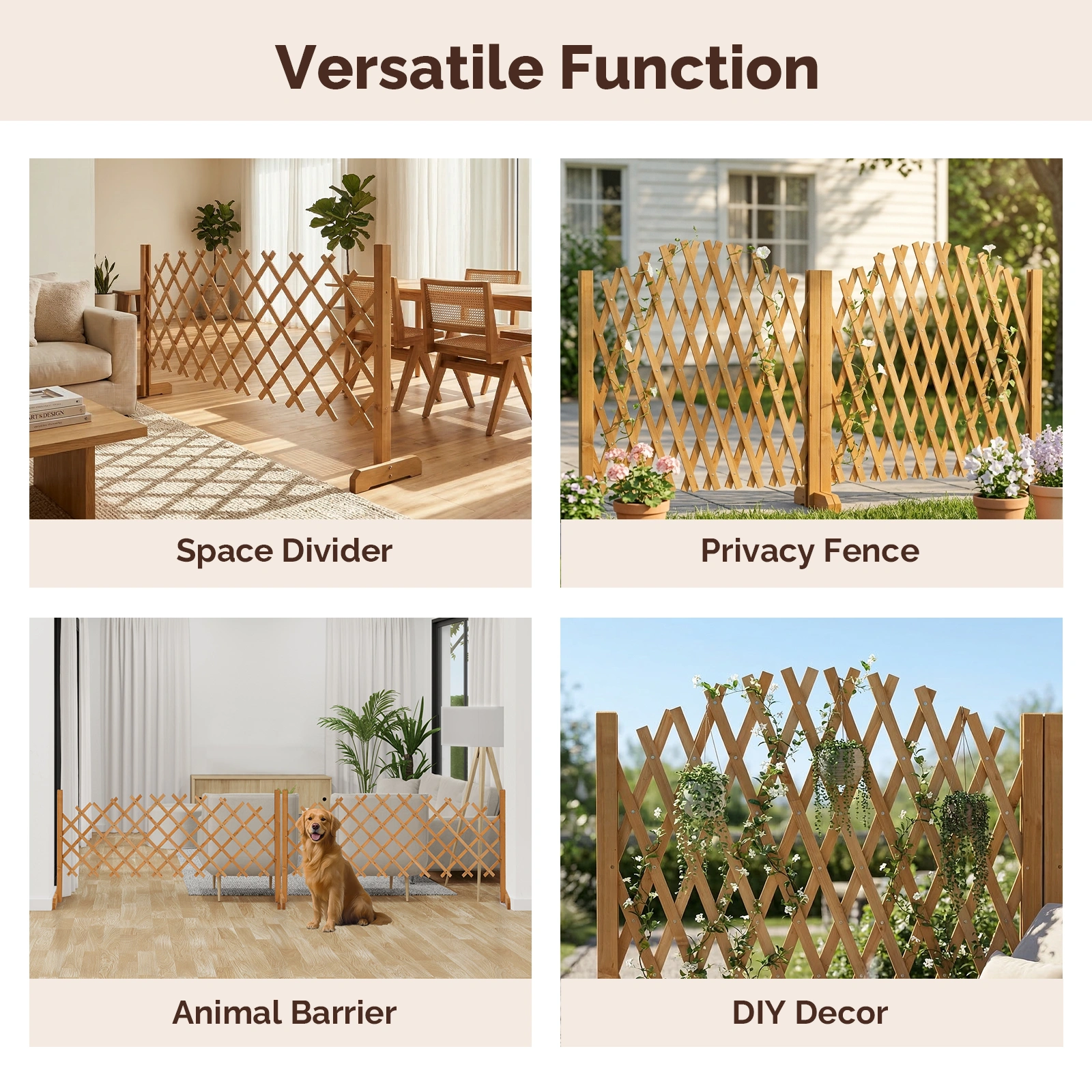 Set of 2 Retractable Arched Wooden Fences - 205 x 33.5 x 80 cm - Teak Finish (Stained) - Fir Wood Construction view 2