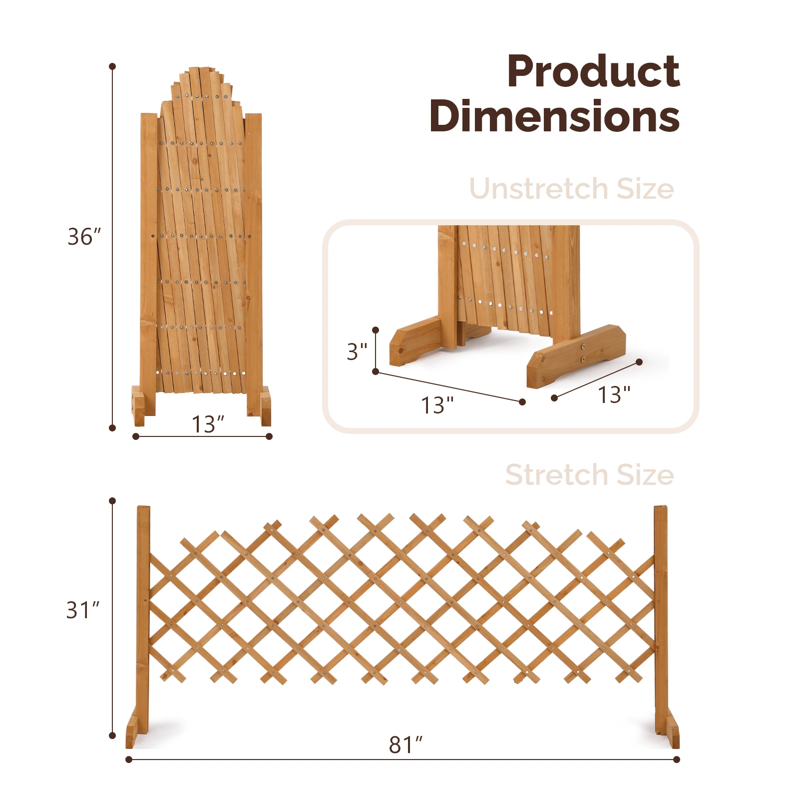Set of 2 Retractable Arched Wooden Fences - 205 x 33.5 x 80 cm - Teak Finish (Stained) - Fir Wood Construction view 3