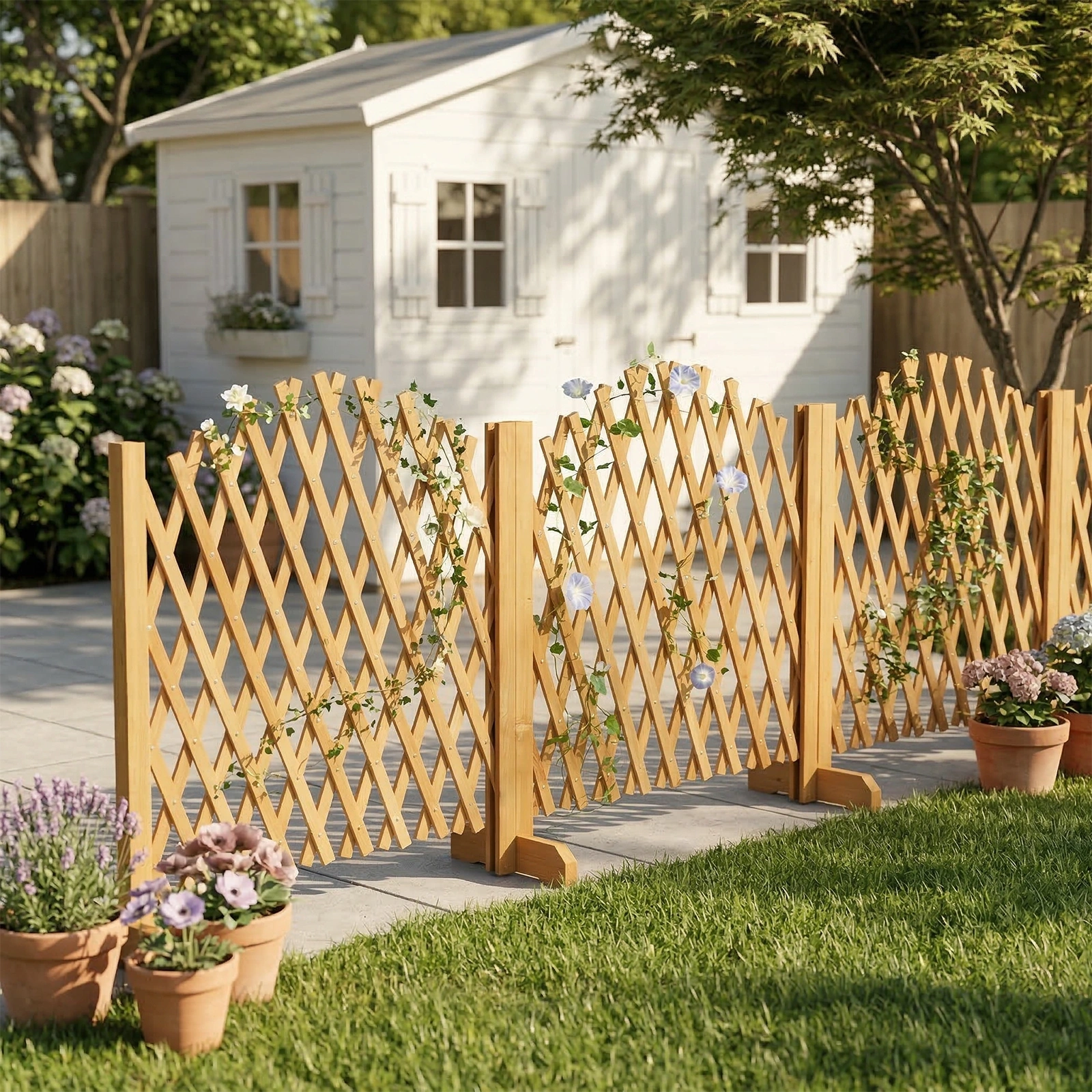 Set of 2 Retractable Arched Wooden Fences - 205 x 33.5 x 80 cm - Teak Finish (Stained) - Fir Wood Construction view 5