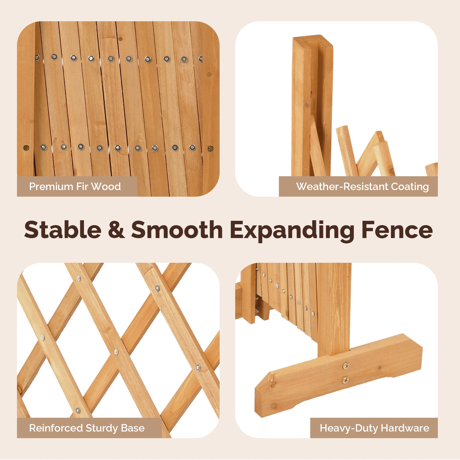 Set of 2 Retractable Arched Wooden Fences - 205 x 33.5 x 80 cm - Teak Finish (Stained) - Fir Wood Construction view 6