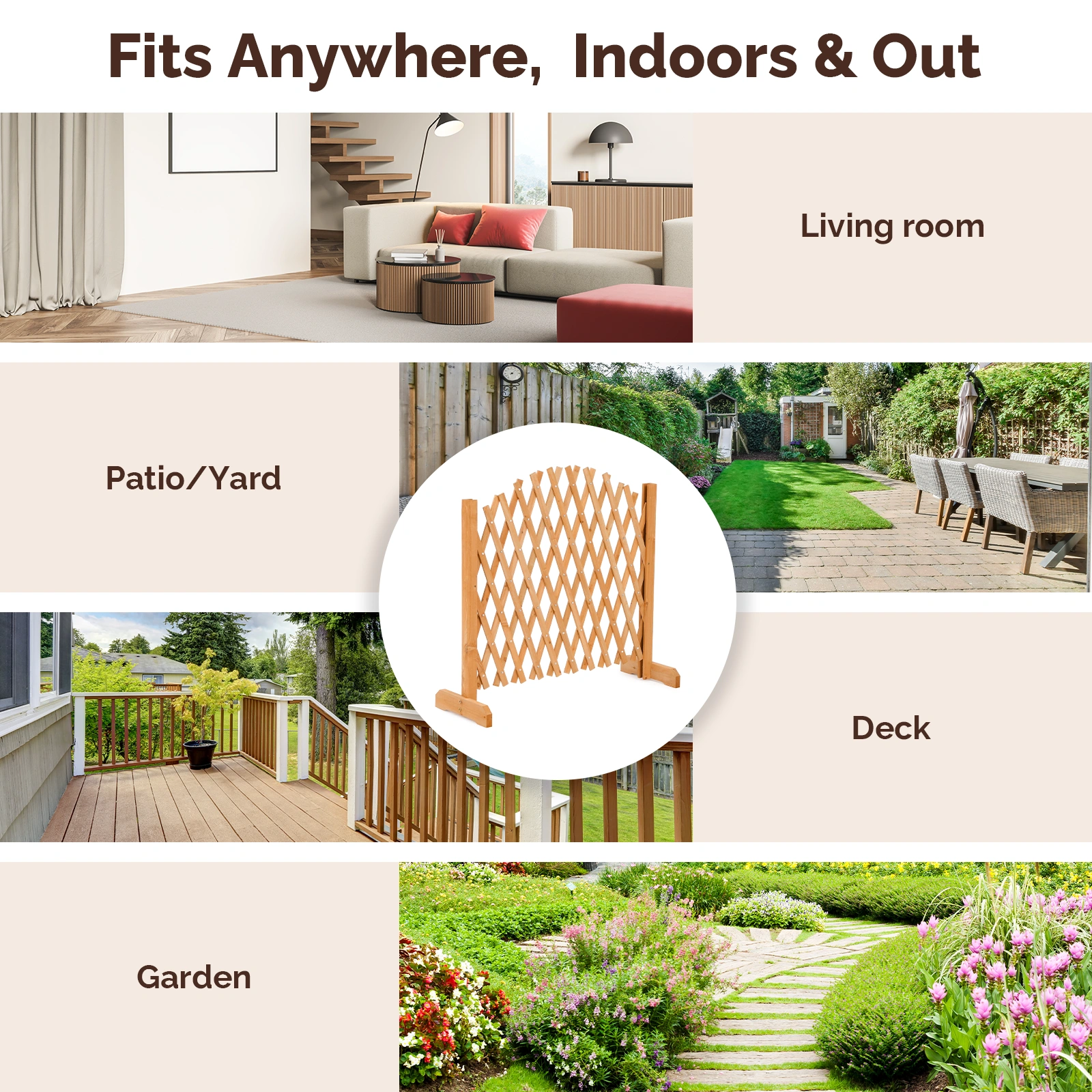 Set of 2 Retractable Arched Wooden Fences - 205 x 33.5 x 80 cm - Teak Finish (Stained) - Fir Wood Construction view 8