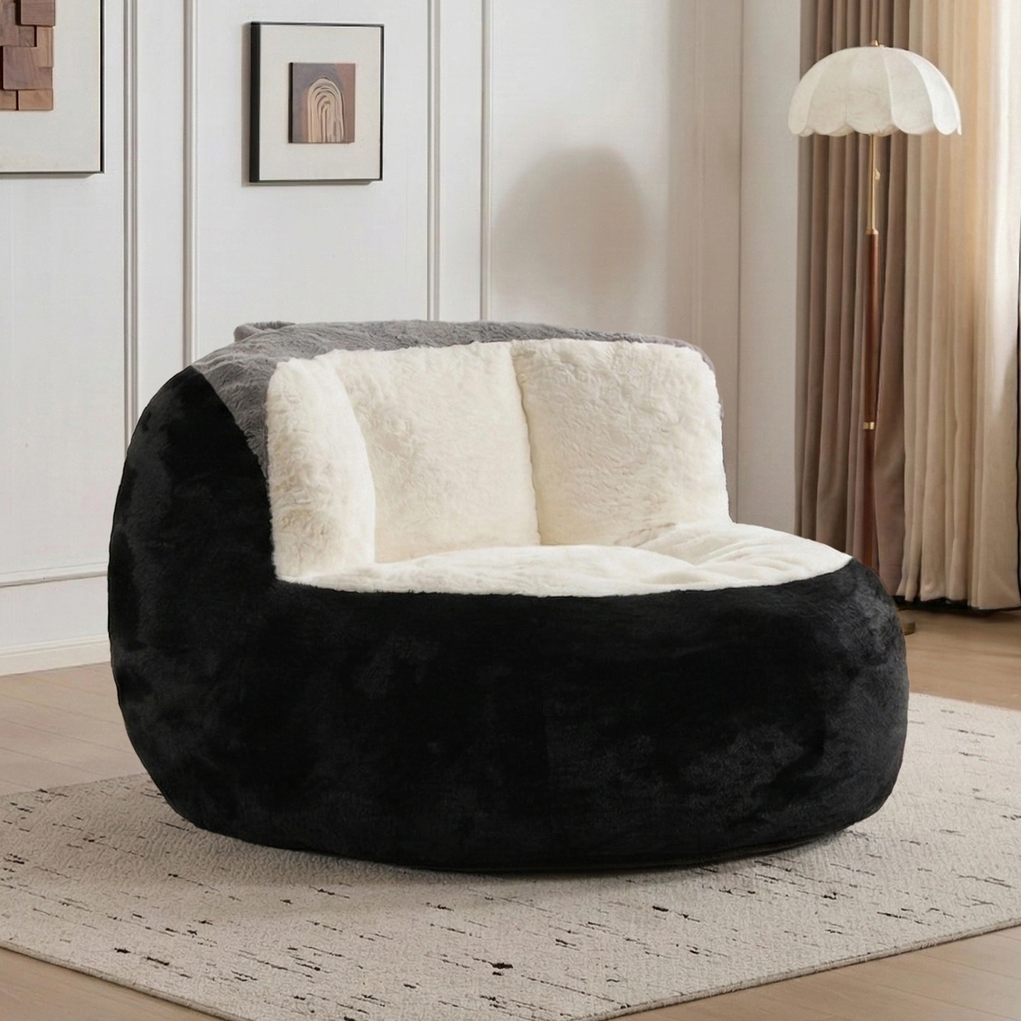 Oversized Faux Fur Bean Bag Chair, Shredded Sponge Fill Lounger Sofa, No Assembly Required, Black White Grey