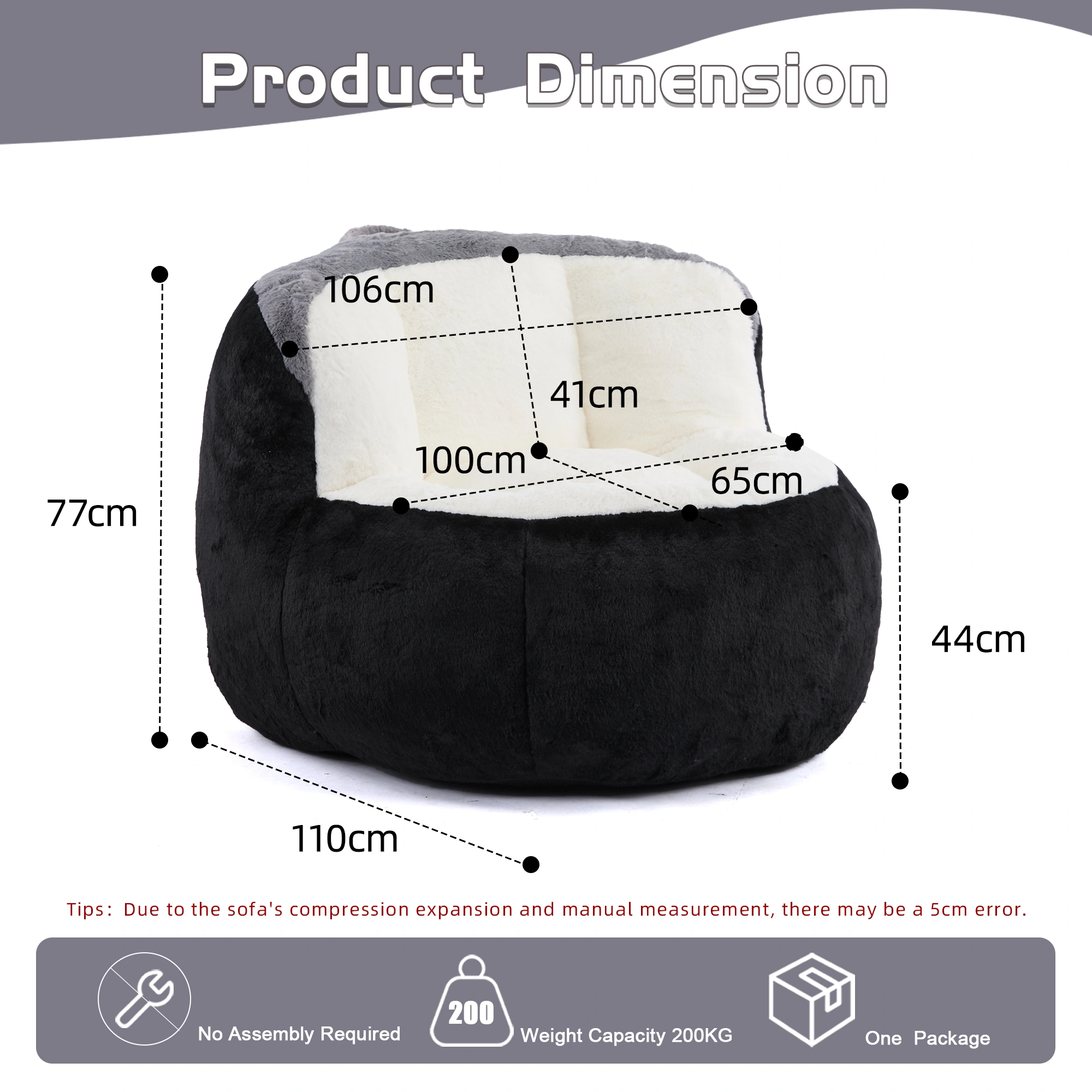 Oversized Faux Fur Bean Bag Chair, Shredded Sponge Fill Lounger Sofa, No Assembly Required, Black White Grey view 3