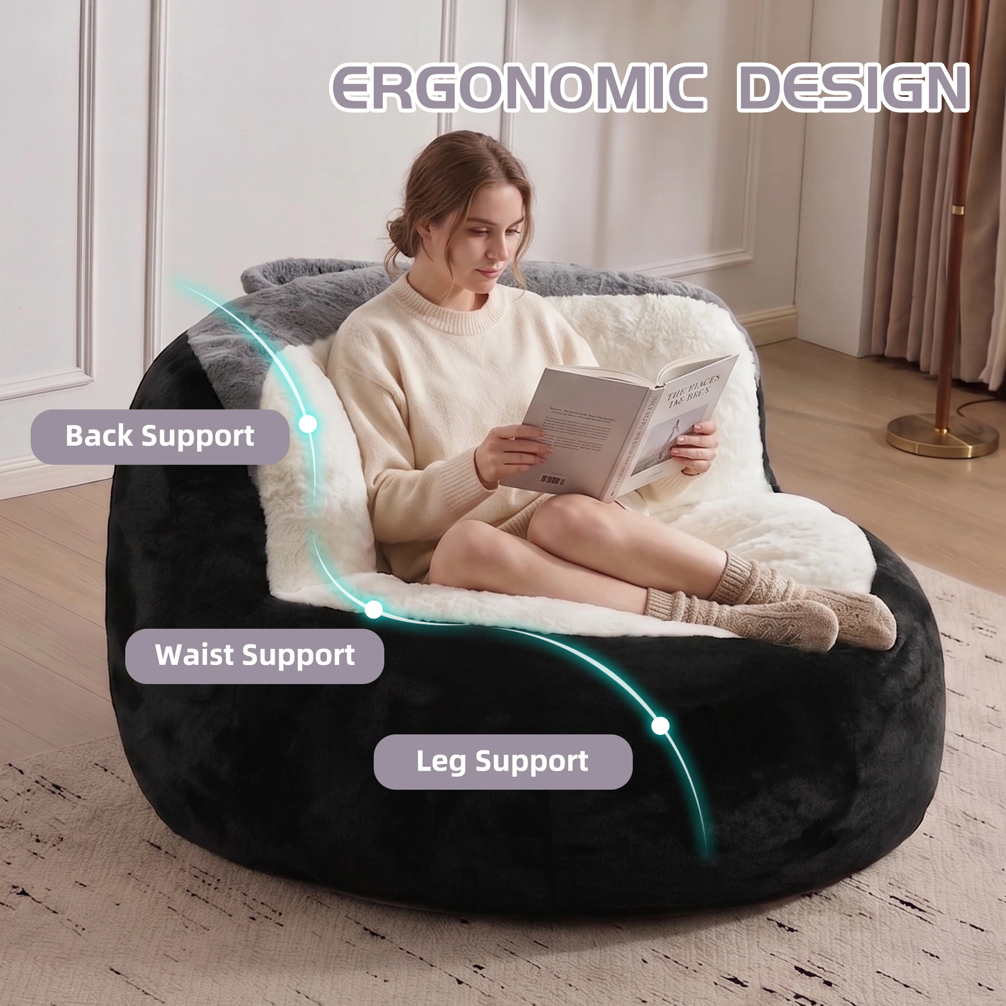 Oversized Faux Fur Bean Bag Chair, Shredded Sponge Fill Lounger Sofa, No Assembly Required, Black White Grey view 5