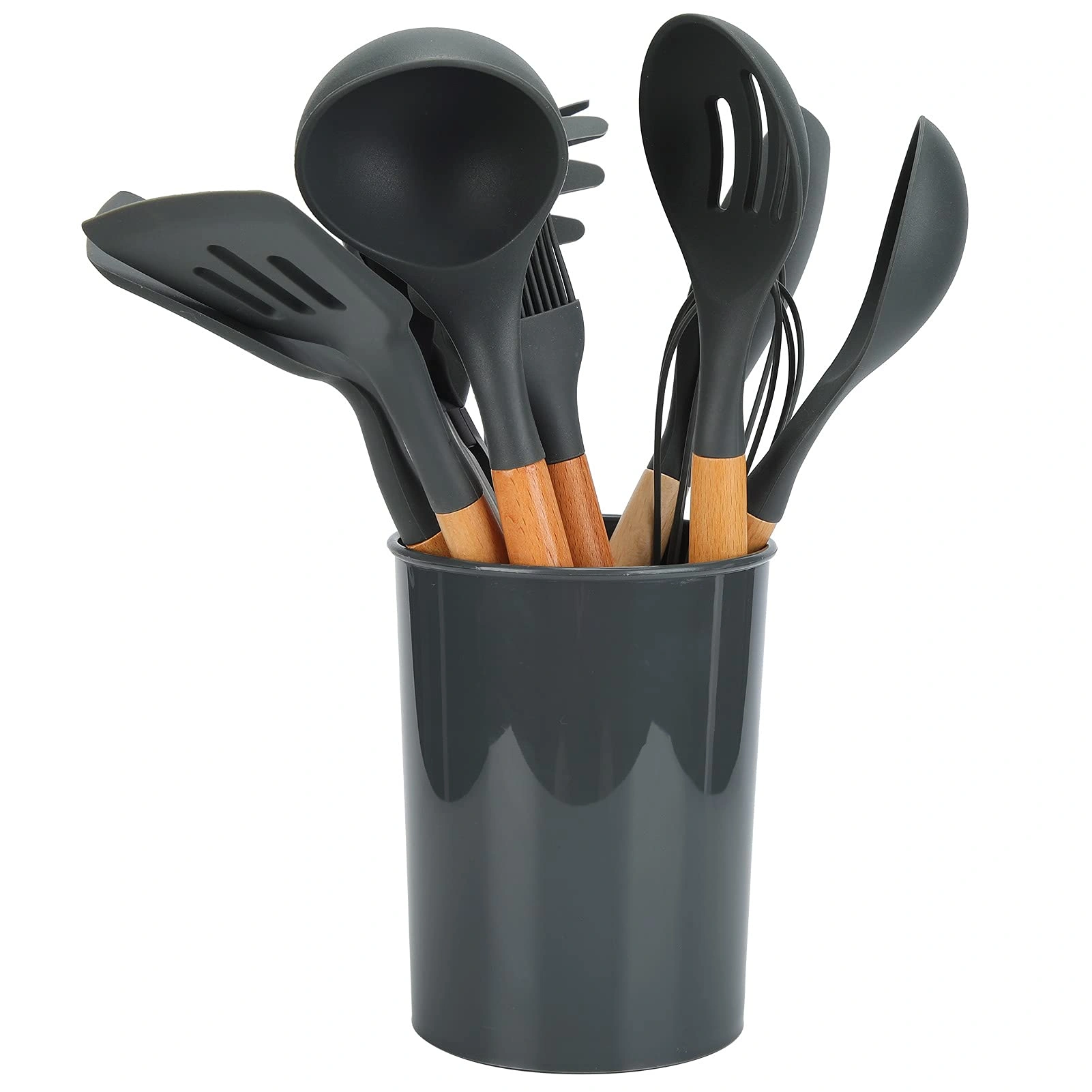 12PCS Silicone Kitchen Utensil Set with Wooden Handle - Non-Stick Heat Resistant to 480°F, Grey Beech Wood Cooking Spoons & Cutlery for Home view 5